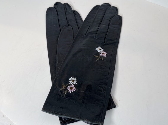 Designer Gloves , Vintage Leather Dress Gloves , Black Leather Gloves , Beaded Leather Gloves , Beaded Black Gloves , Floral Leather Gloves