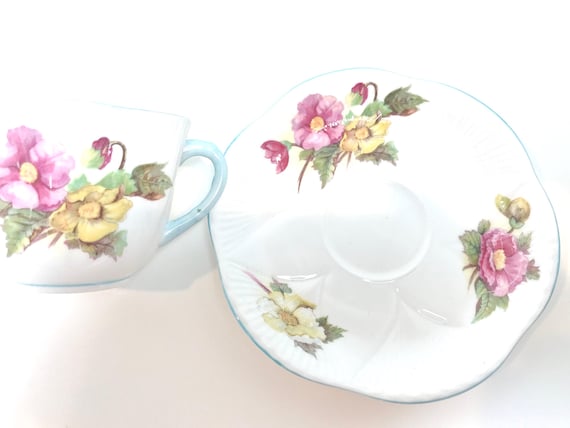Shelley Begonia Teacup and Saucer: Fine Bone China, Dainty Shape