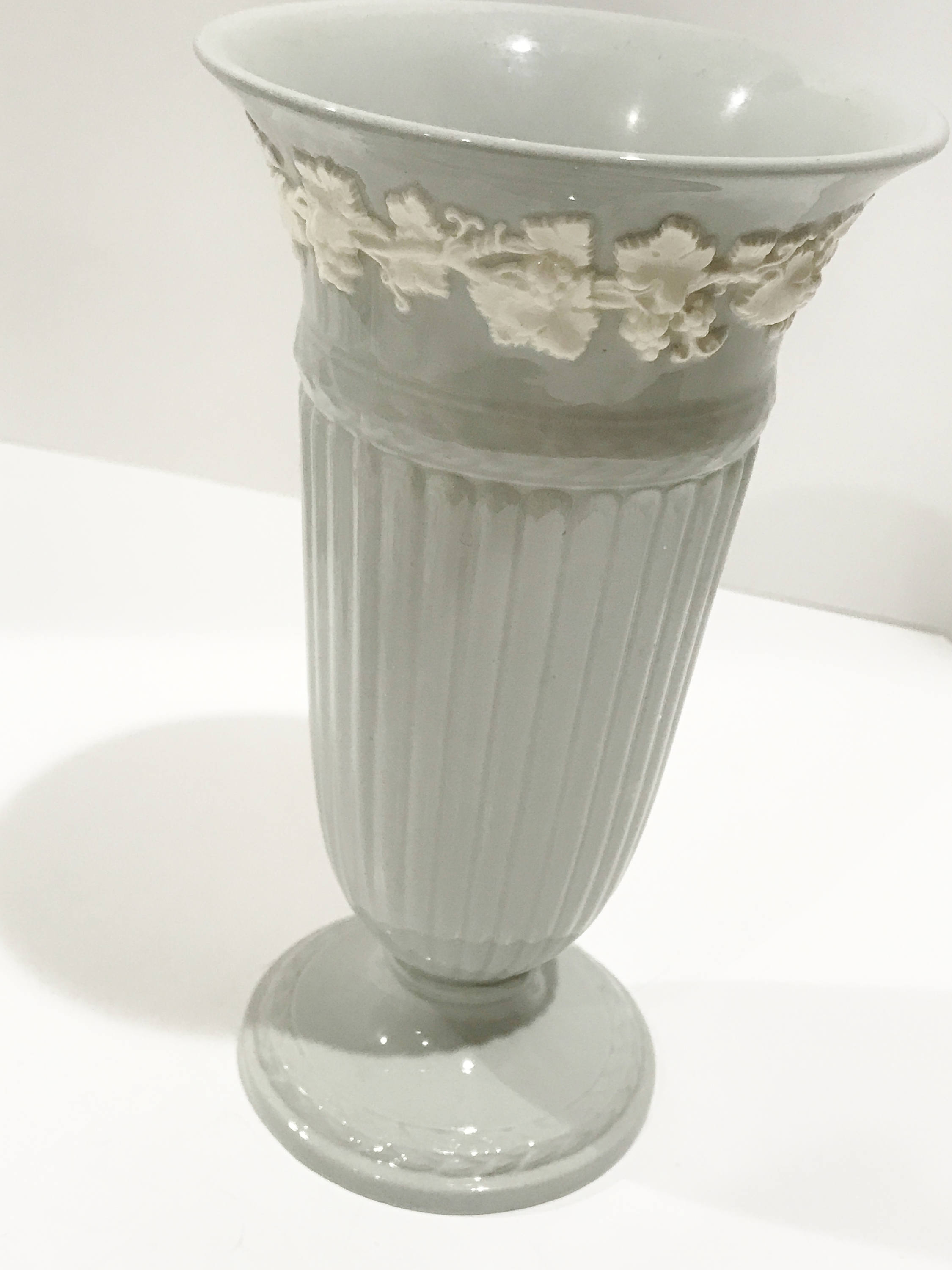 Reserved for ES, Wedgwood Queen's Ware Embossed Vase, Cream on Gray