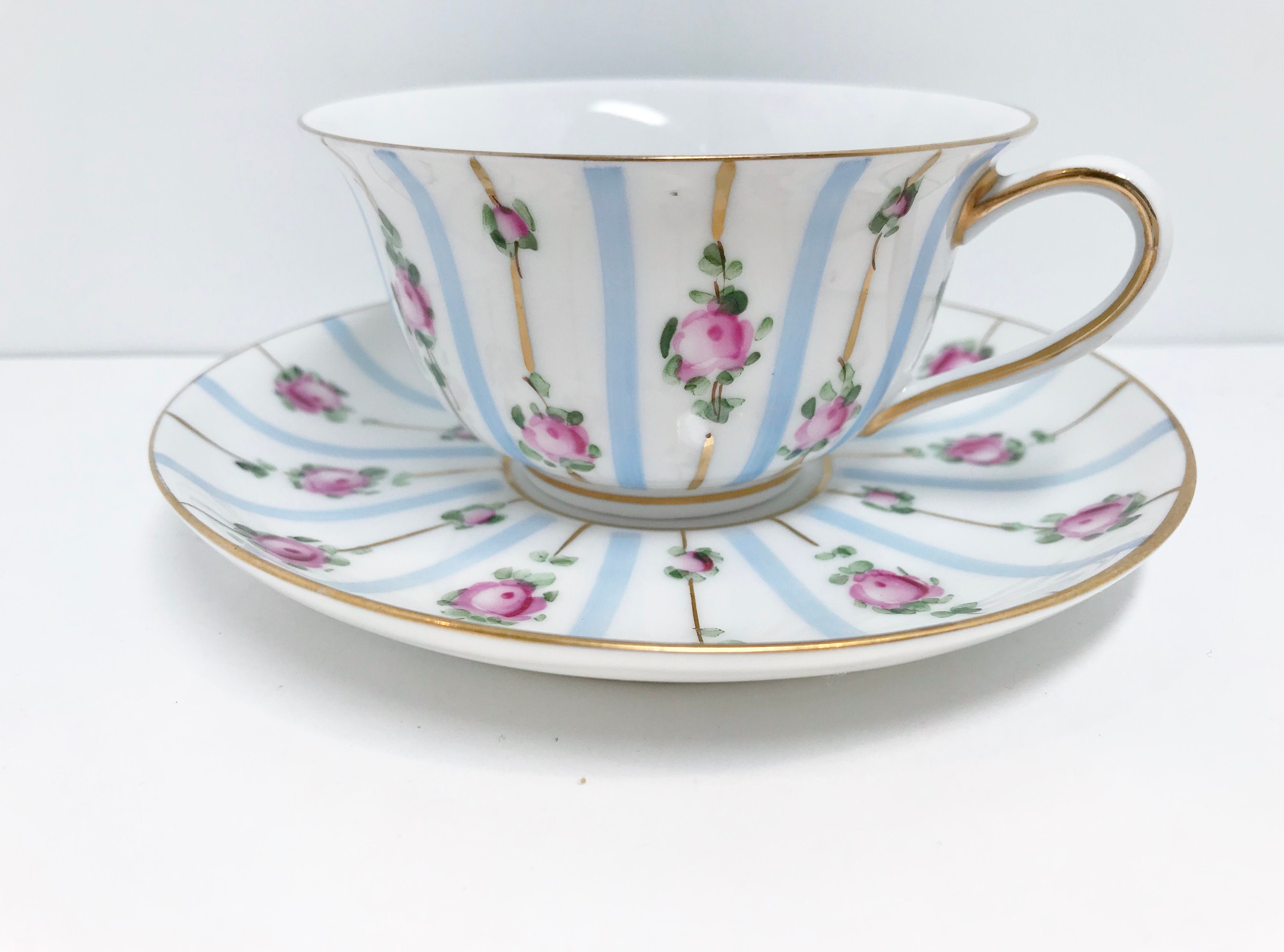 French Limoges Teacup and Saucer, Hand Painted Limoges, Antique Limoges