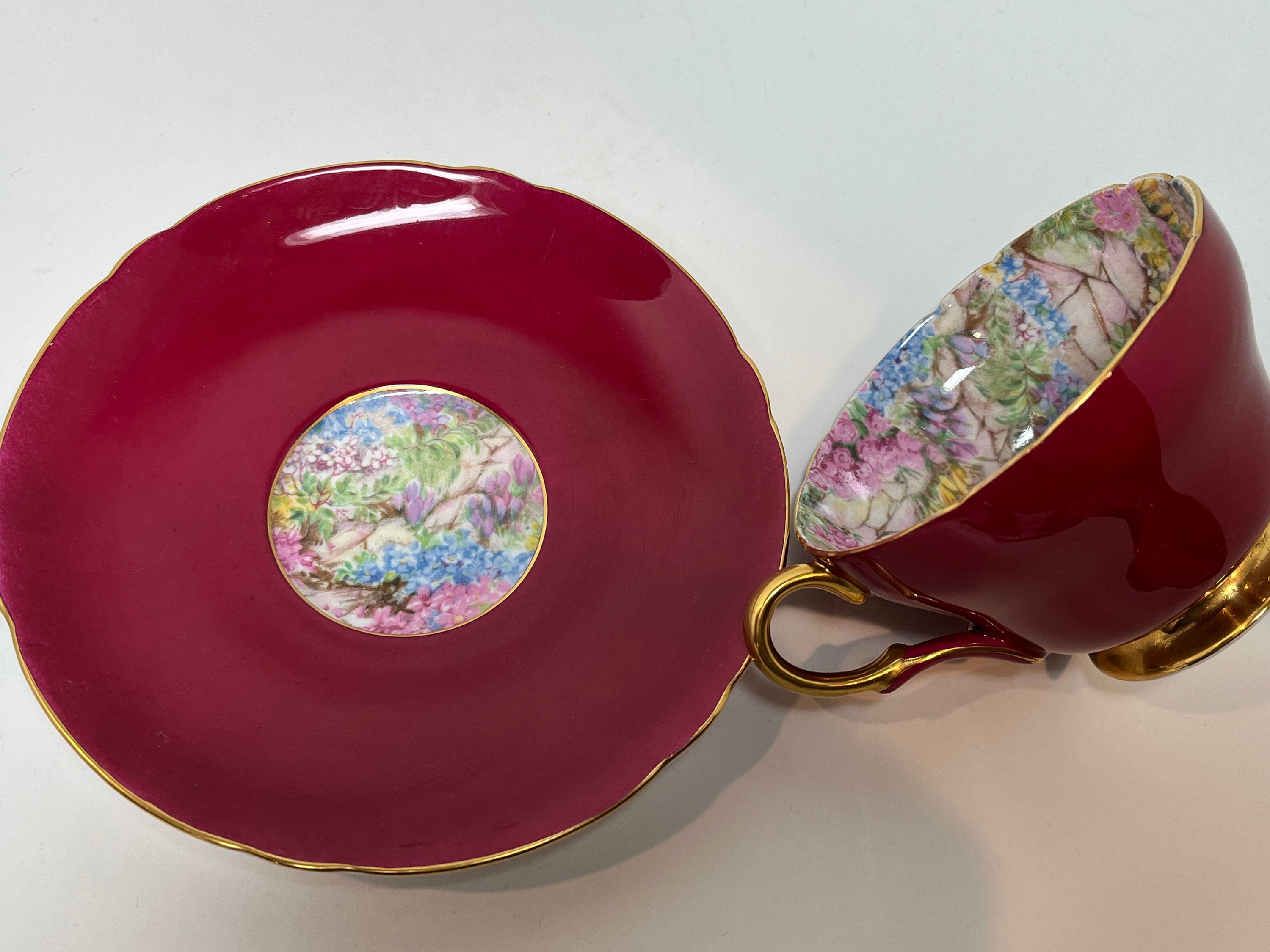 Shelley Rock Garden, Tea Cup and Saucer, Henley Shape, Red Shelley, Tea