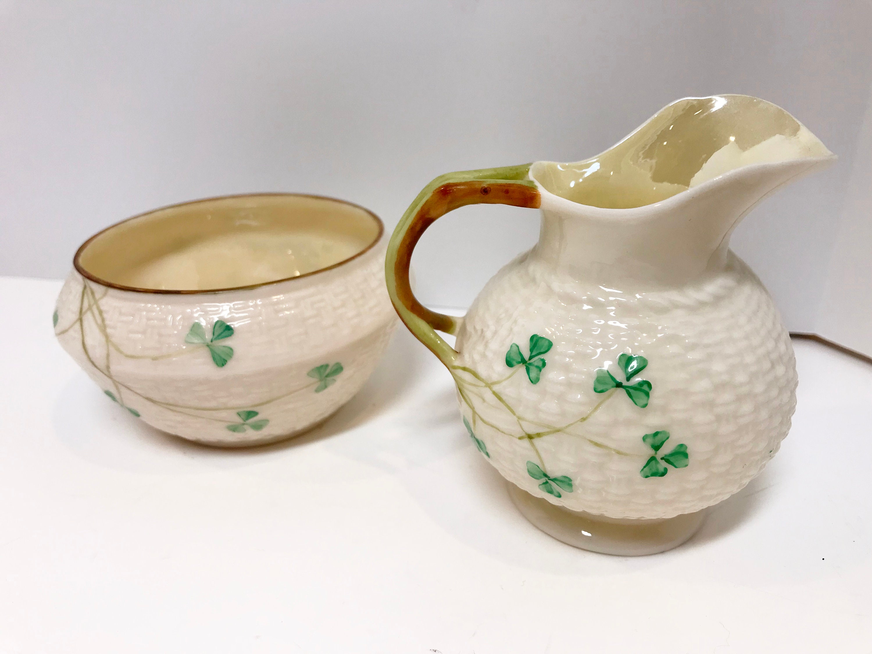 Belleek Sugar Bowl and Creamer, Shamrock Ware Set, Irish Creamer, Green