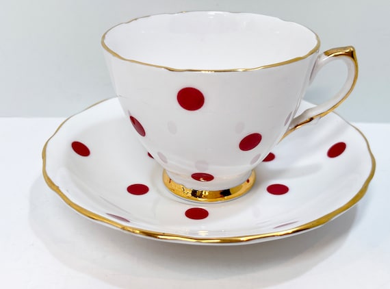 Royal Vale Teacup and Saucer , Polka Dot Tea Cup , Red Dot Teacup , Antique Teacup Vintage , Antique Tea Cup Vintage , Teatime Tea Cup