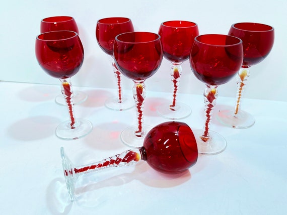 Set of 8 , Cocktail Glasses , Red Stemware , Red Glassware , Red Liqueur Glasses , Barware Glasses , Hostess Gift ,  Housewarming Gift