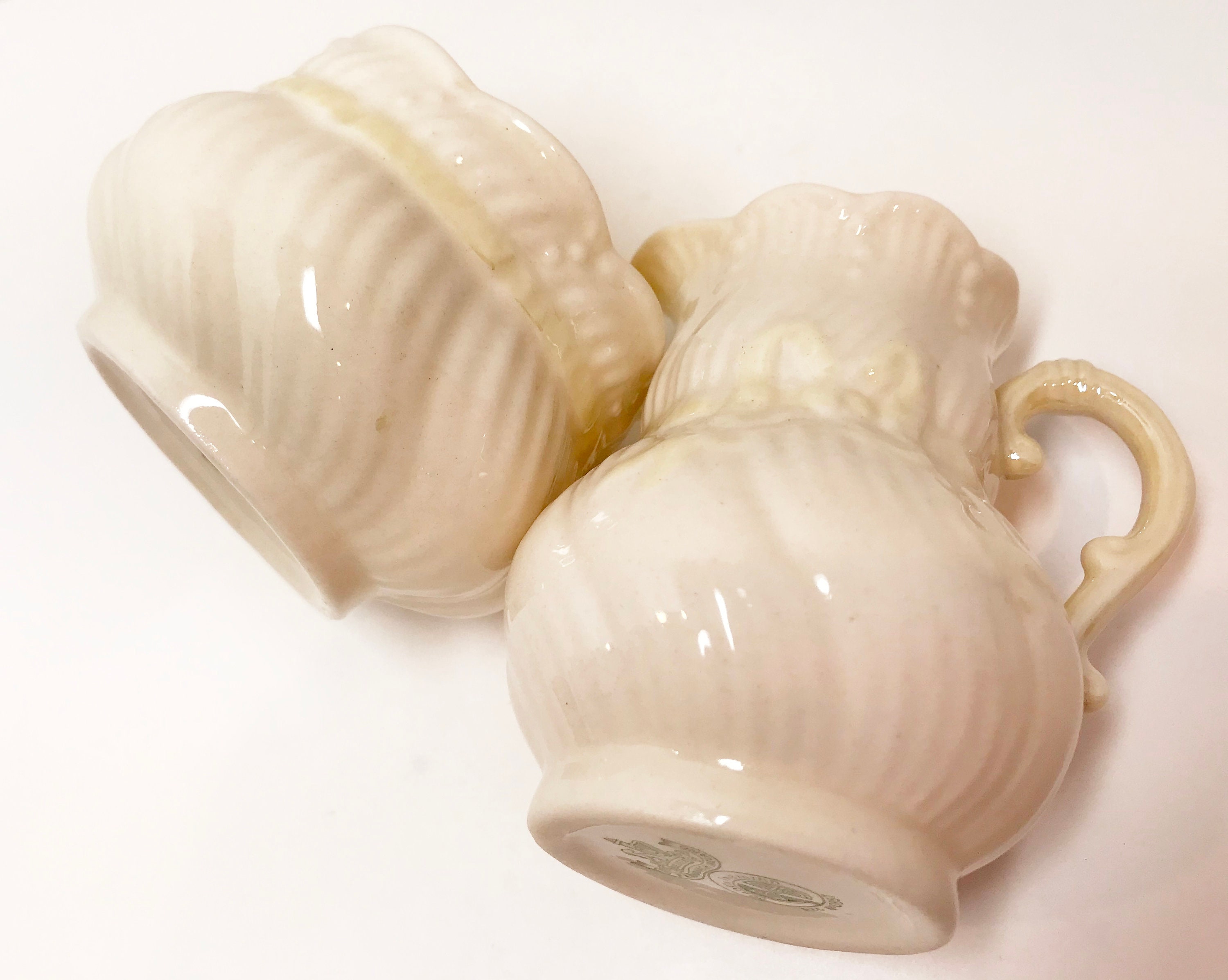 Belleek Sugar Bowl and Creamer, Belleek Ribbon Bow, Fourth Green Mark