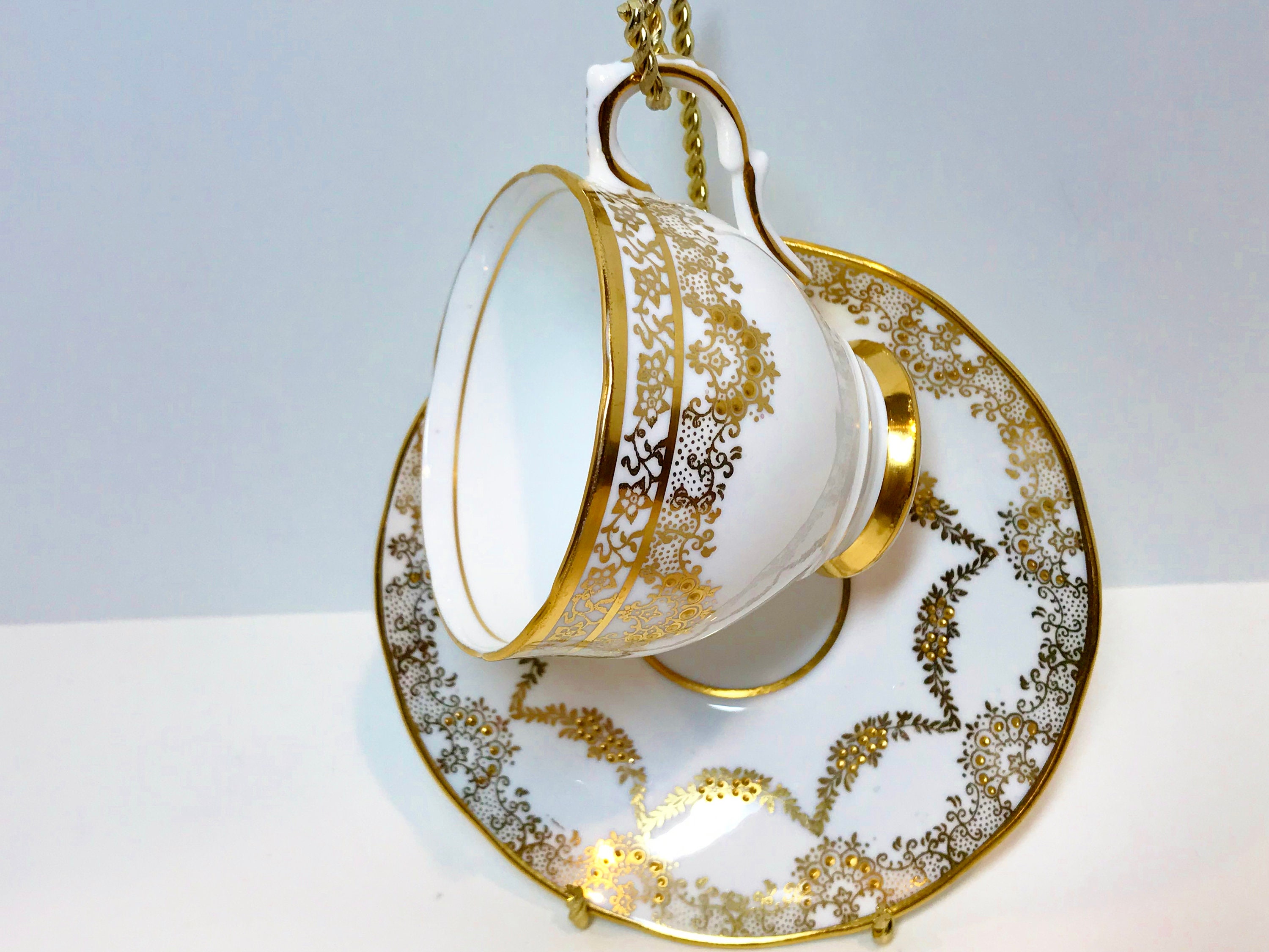 Salisbury Tea Cup and Saucer, White Gold Tea Cups, Antique Tea Cups