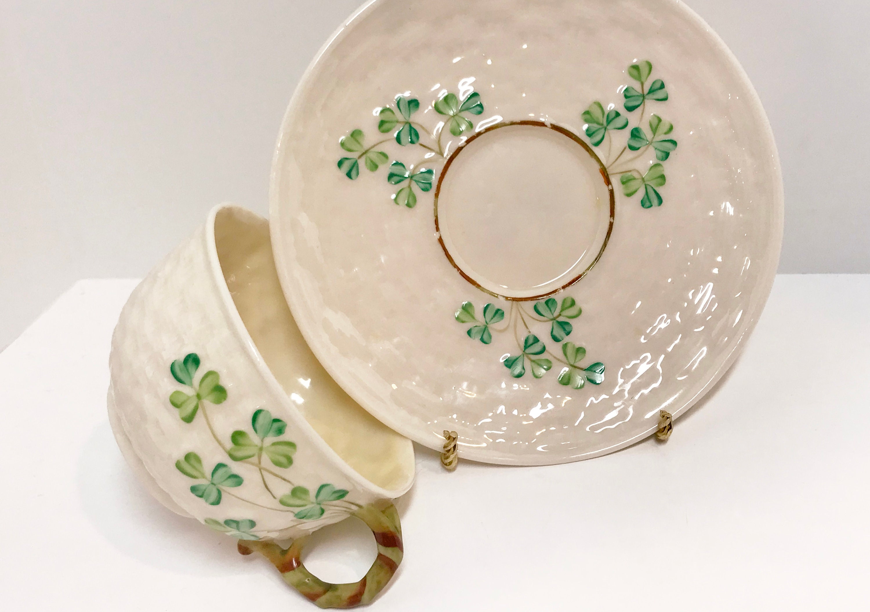 Black Mark Shamrock Belleek Tea Cup and Saucer, Belleek Teacup, Basket Weave Belleek China