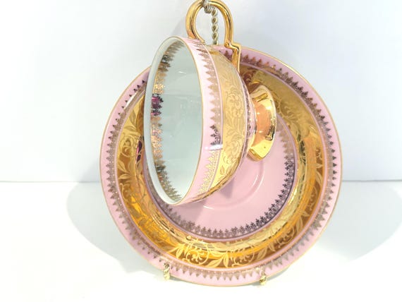 RWK Bavarian China Teacup and Saucer:  Pink and Gold