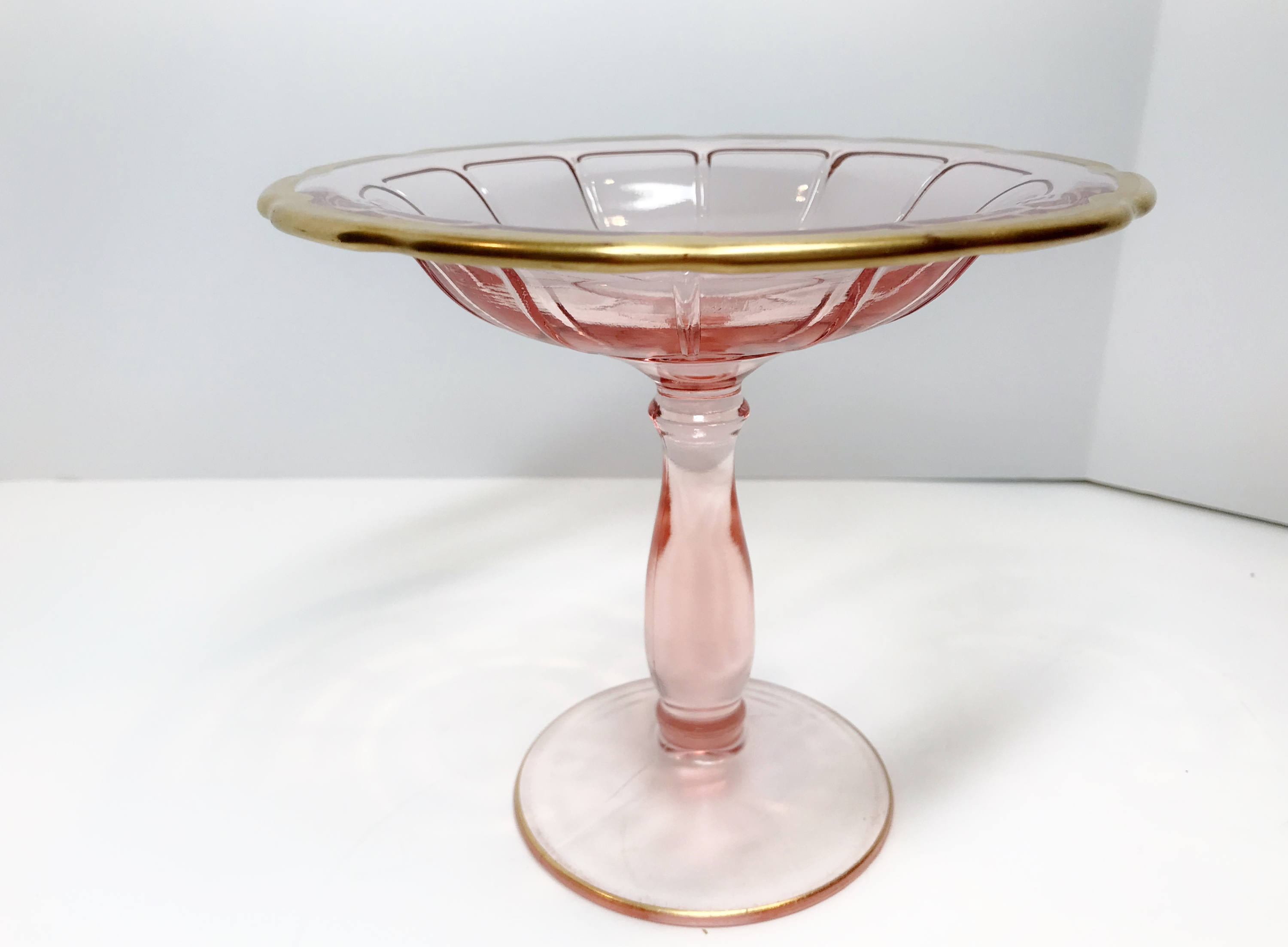 Pink Depression Glass, Gold Pink Compote, Pink Serving Dish, Pink Gold