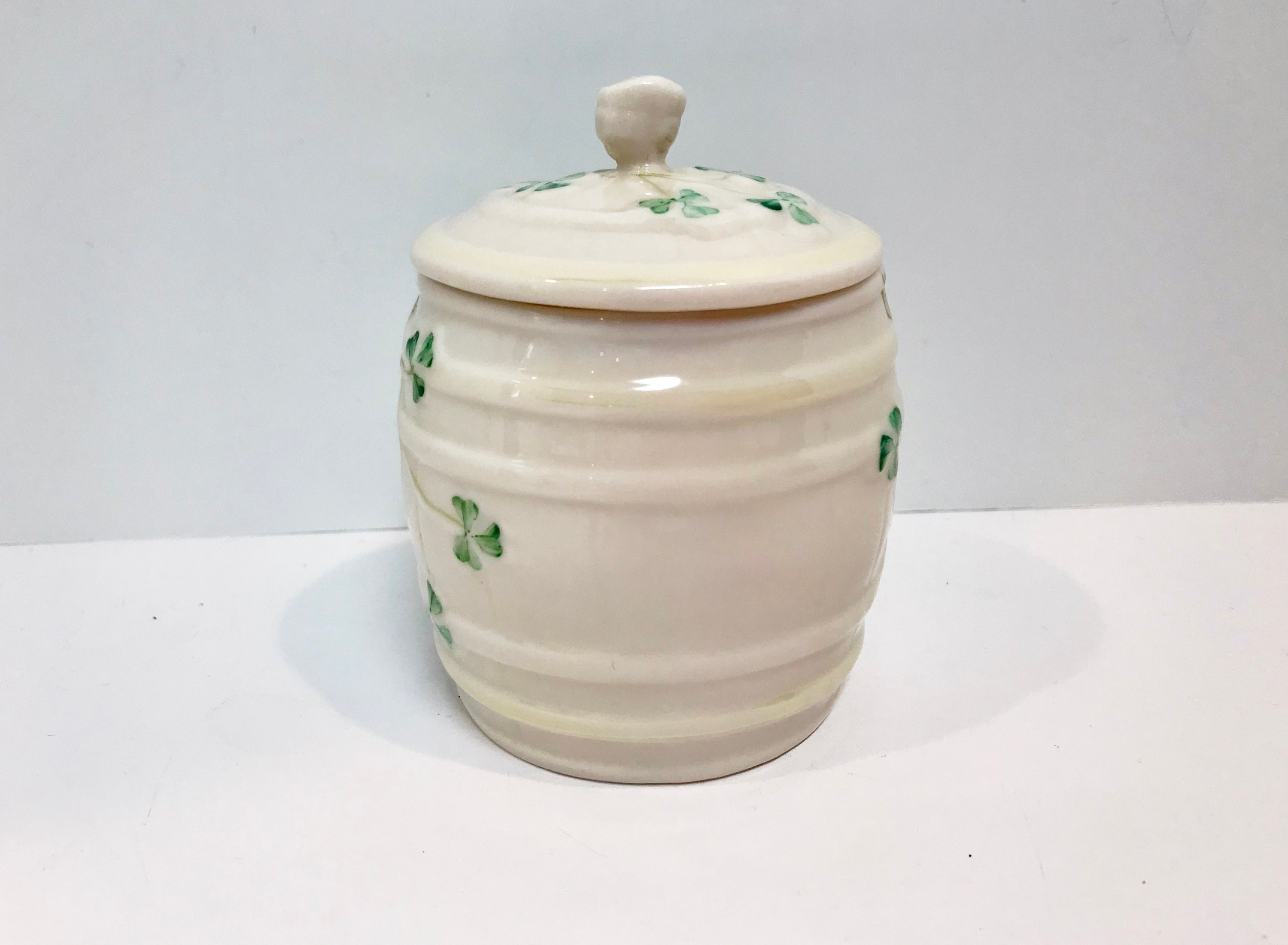 Belleek Honey Jar, Shamrock Jar, Belleek Barrel, Shamrock Container ...