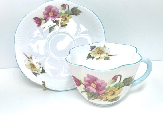 Shelley Begonia Teacup and Saucer: Fine Bone China, Dainty Shape