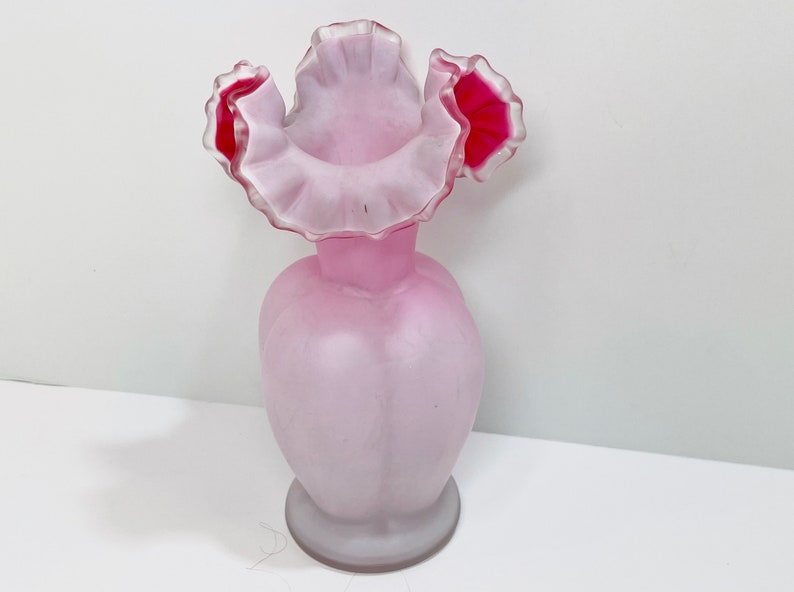 Victorian Cased Glass , Blown Glass , Ruffled Top Vase , Pink White Glass , Antique Glass Vase image 3