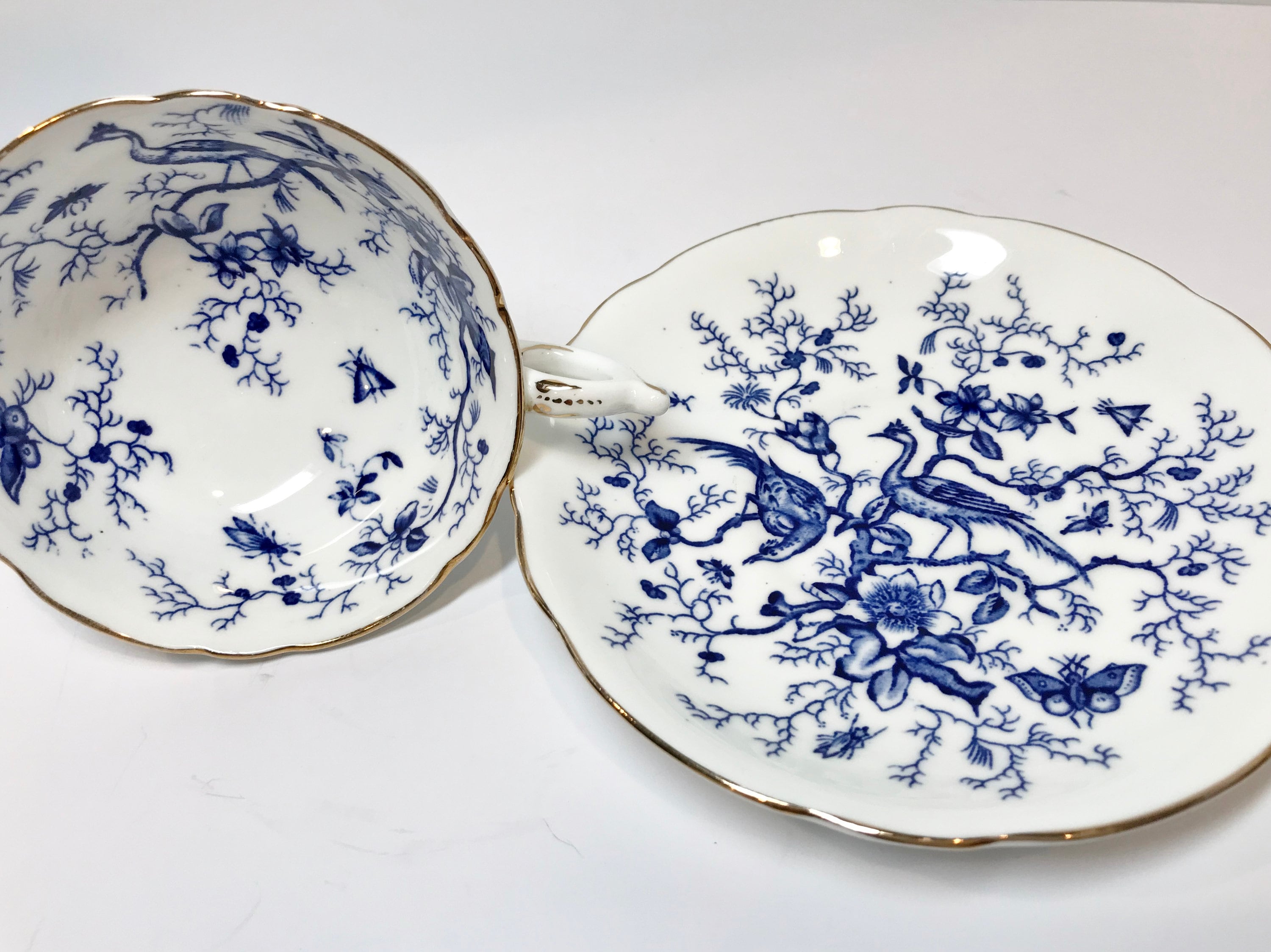 Coalport Tea Cup and Saucer, Blue White Ware, Butterfly Cup, Bird