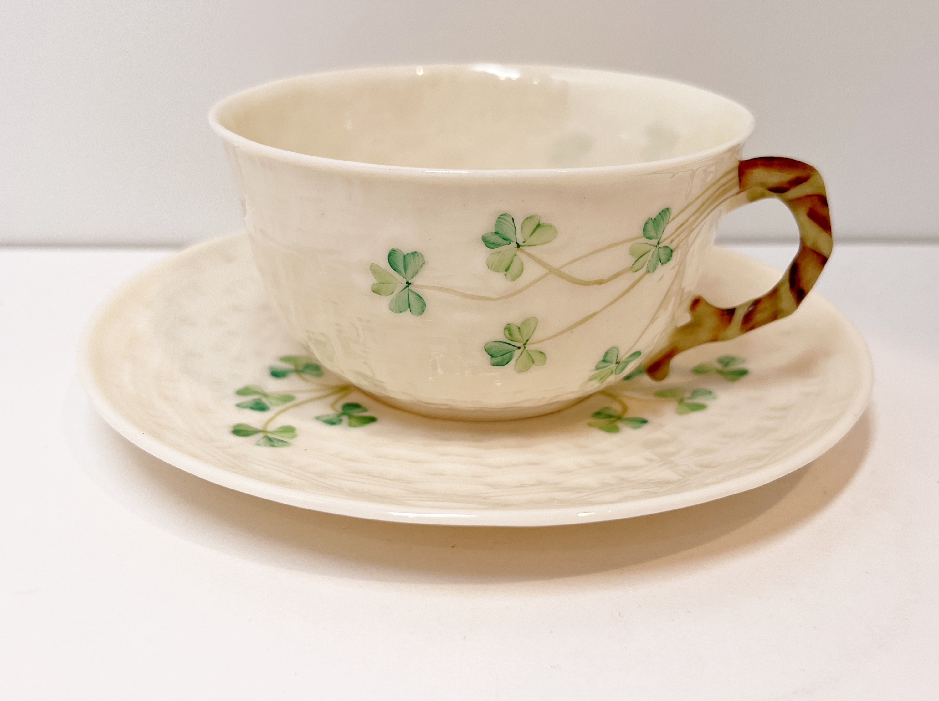 Shamrock Belleek Teacup and Saucer, Irish Tea Cup, Basket Weave Belleek