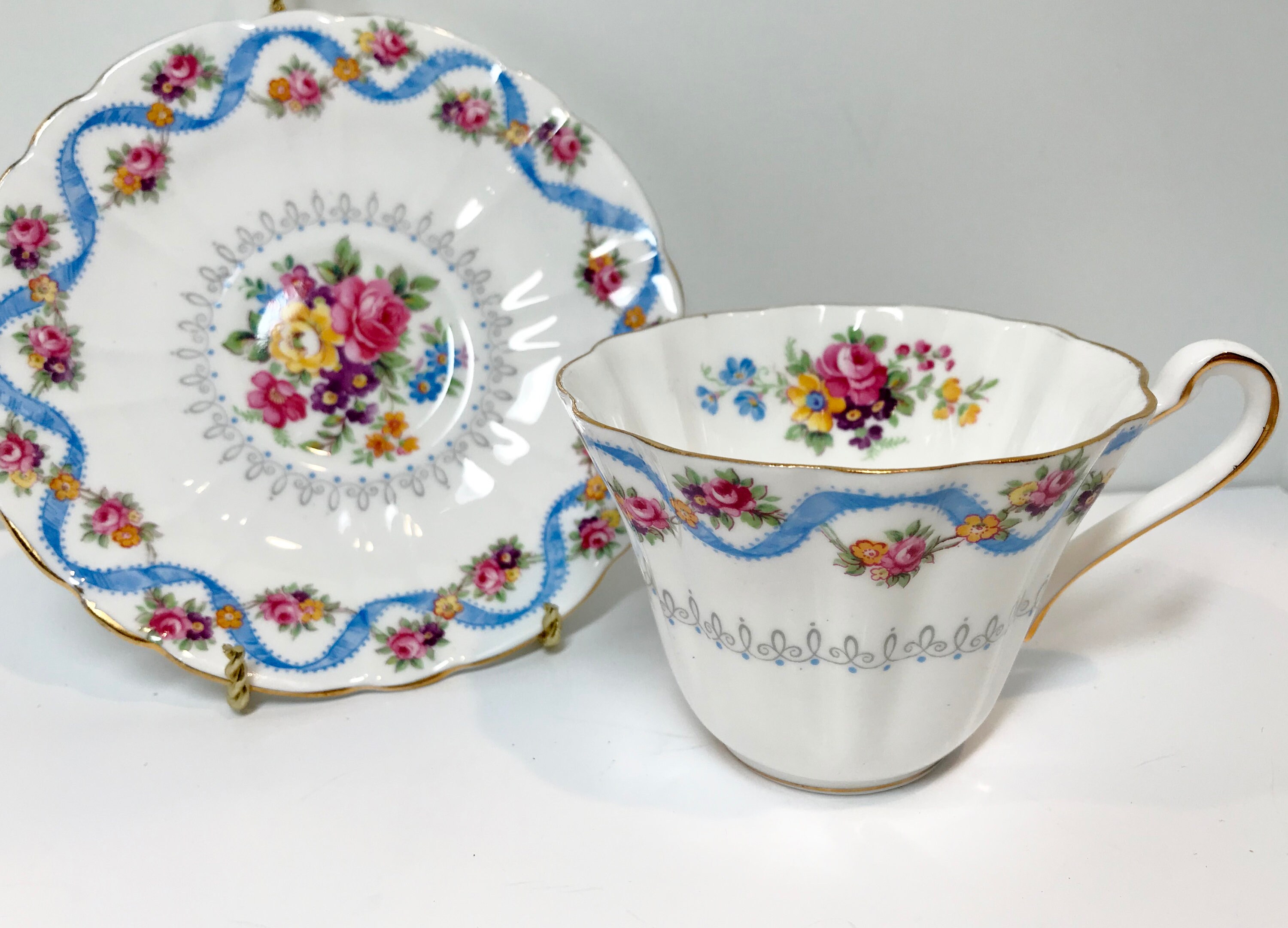 Reserved for Y, Blue Ribbon Tea Cup by Gladstone, Ribbon Tea Cups, Blue