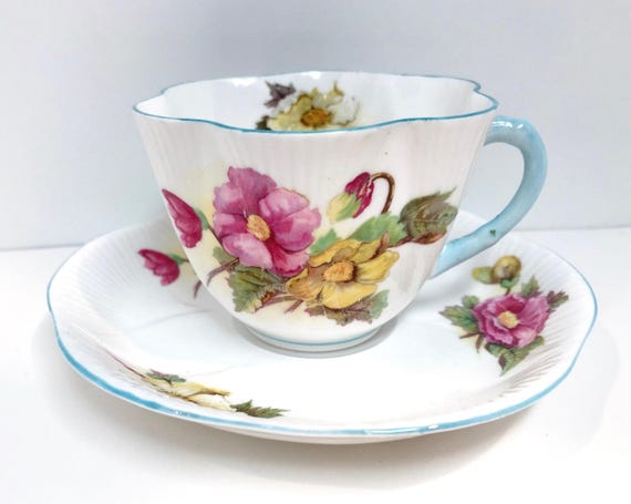 Shelley Teacup and Saucer, Shelley Begonia Pattern, Shelley China, Gift for Her, Gift for Friend, Floral Teacup, Housewarming Gift