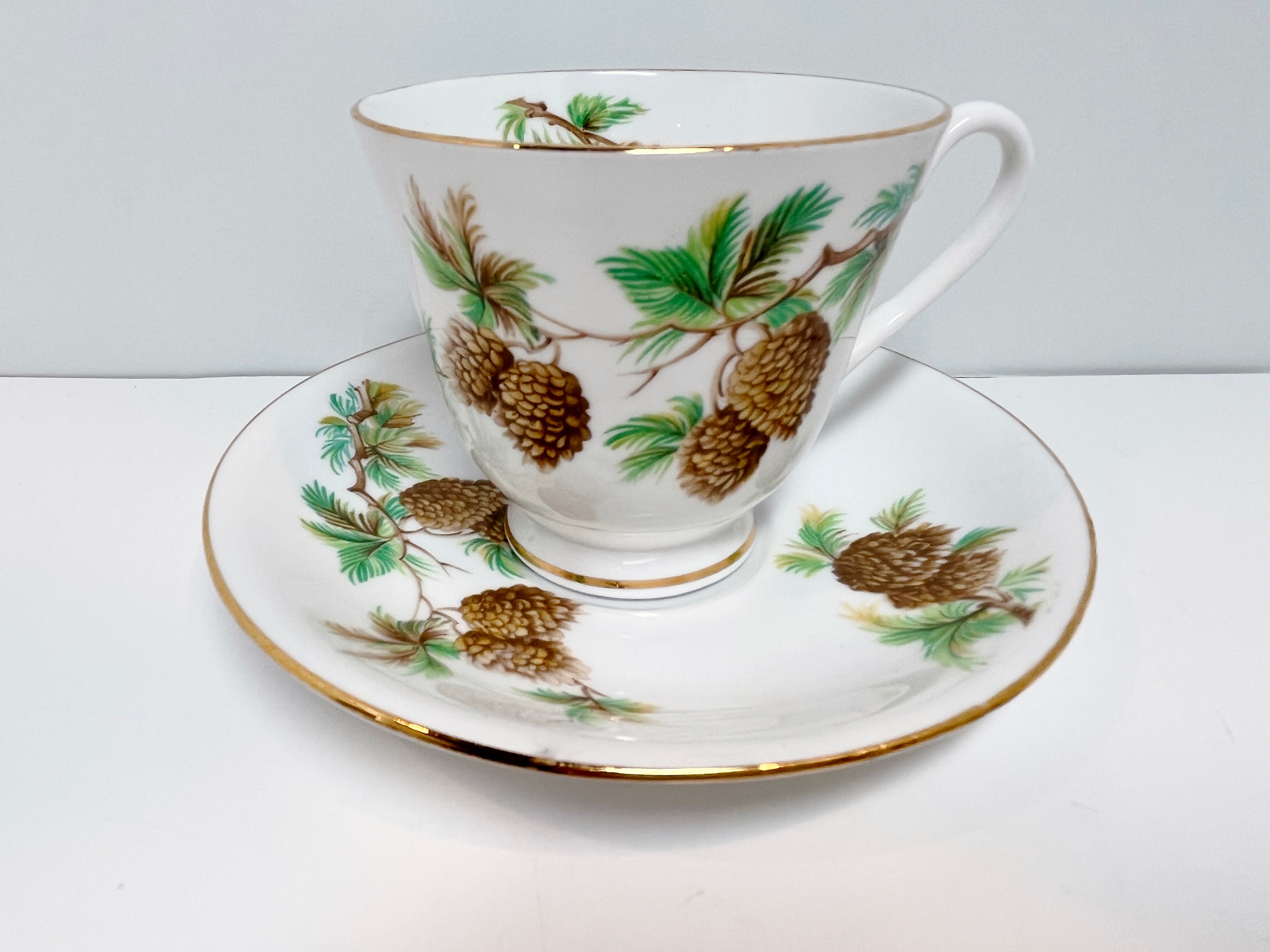 Clarence Teacup and Saucer, English Teacups, Pine Cone Cups, Bone China