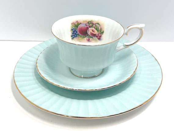 Royal Standard Bone China Tea Cup Set: Pale Aqua, Fruit Design