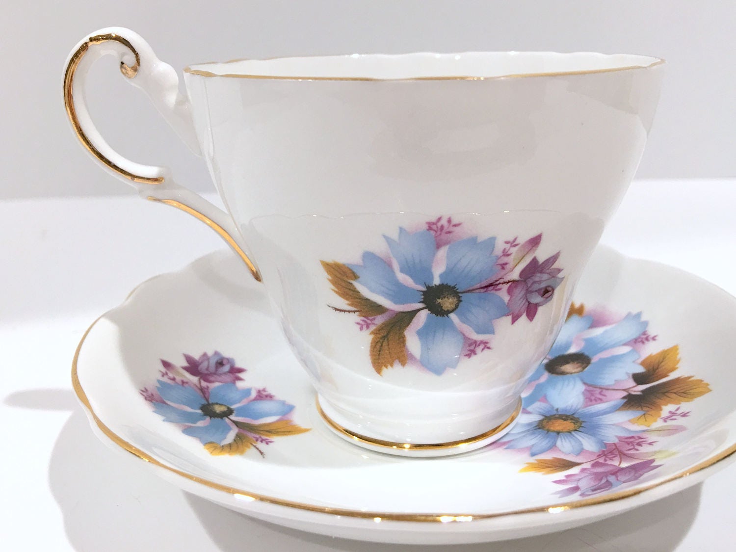 Regency Tea Cup and Saucer, Blue Daisy Tea Cups, English Bone China Cups, Vintage Tea Cups