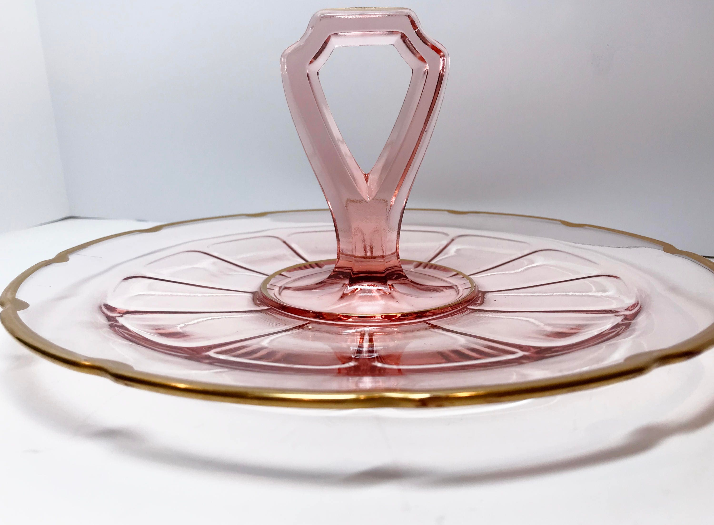 Pink Depression Glass Dessert Plate, Pink Gold Handled Tray, Pink