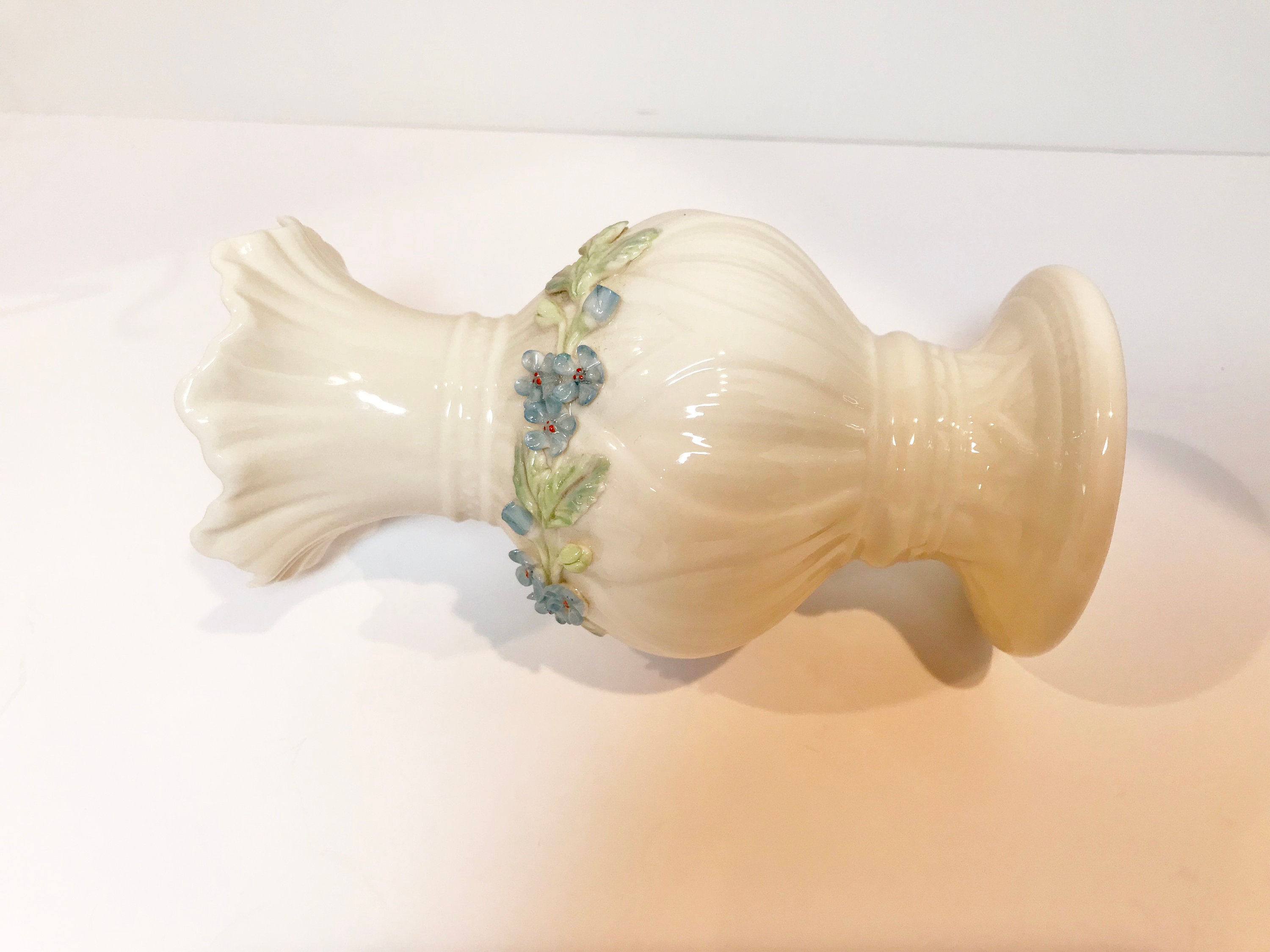 Reserved for SR, Blue Flowered Belleek Vase, Irish Vase, Belleek China
