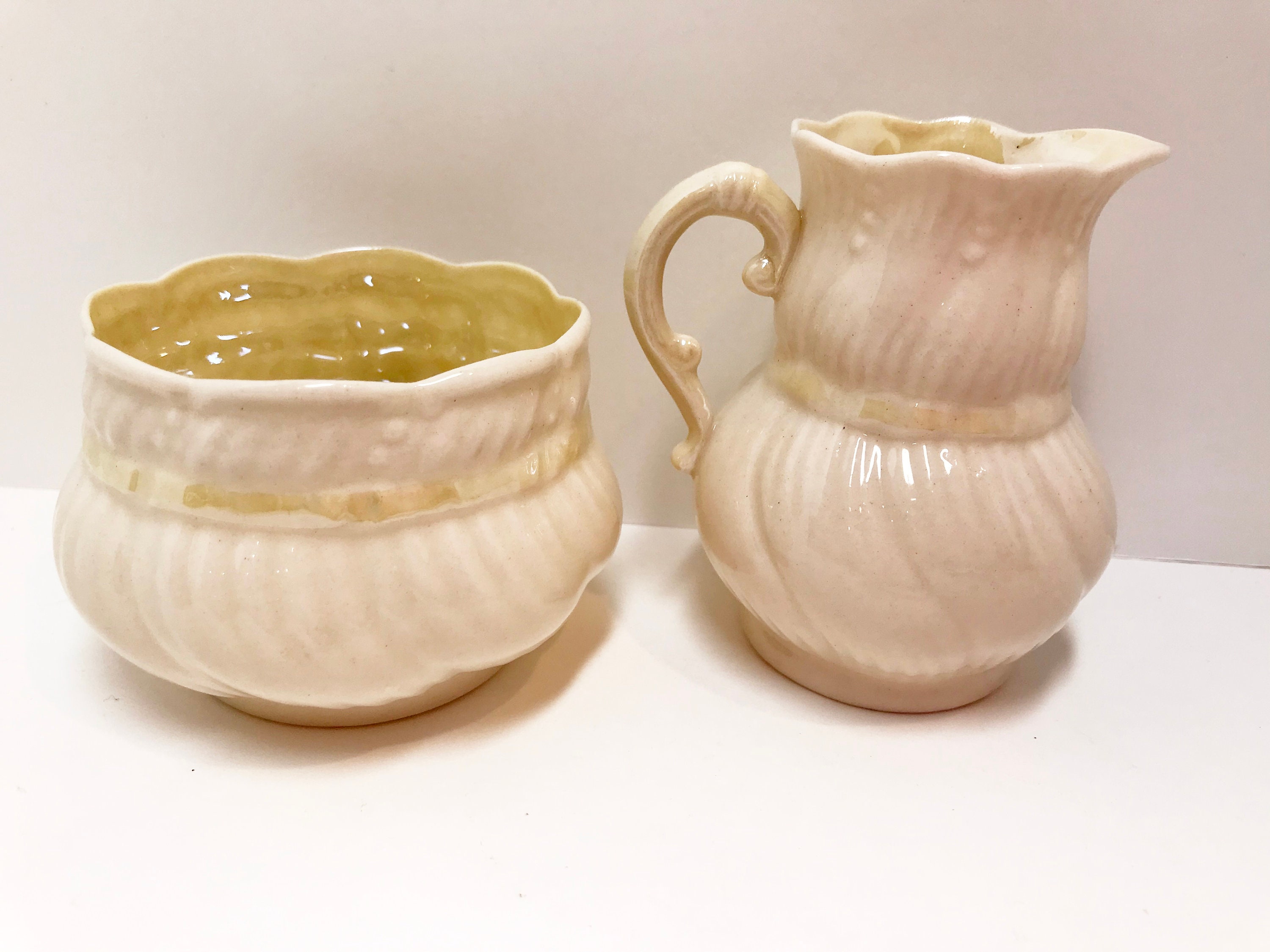Belleek Sugar Bowl and Creamer, Belleek Ribbon Bow, Fourth Green Mark