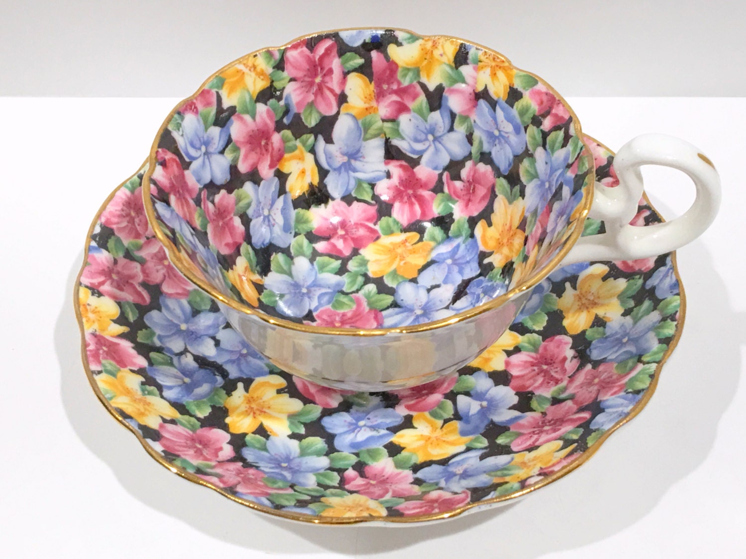 Garden Chintz Tea Cup and Saucer, Black Chintz Radfords Bone China