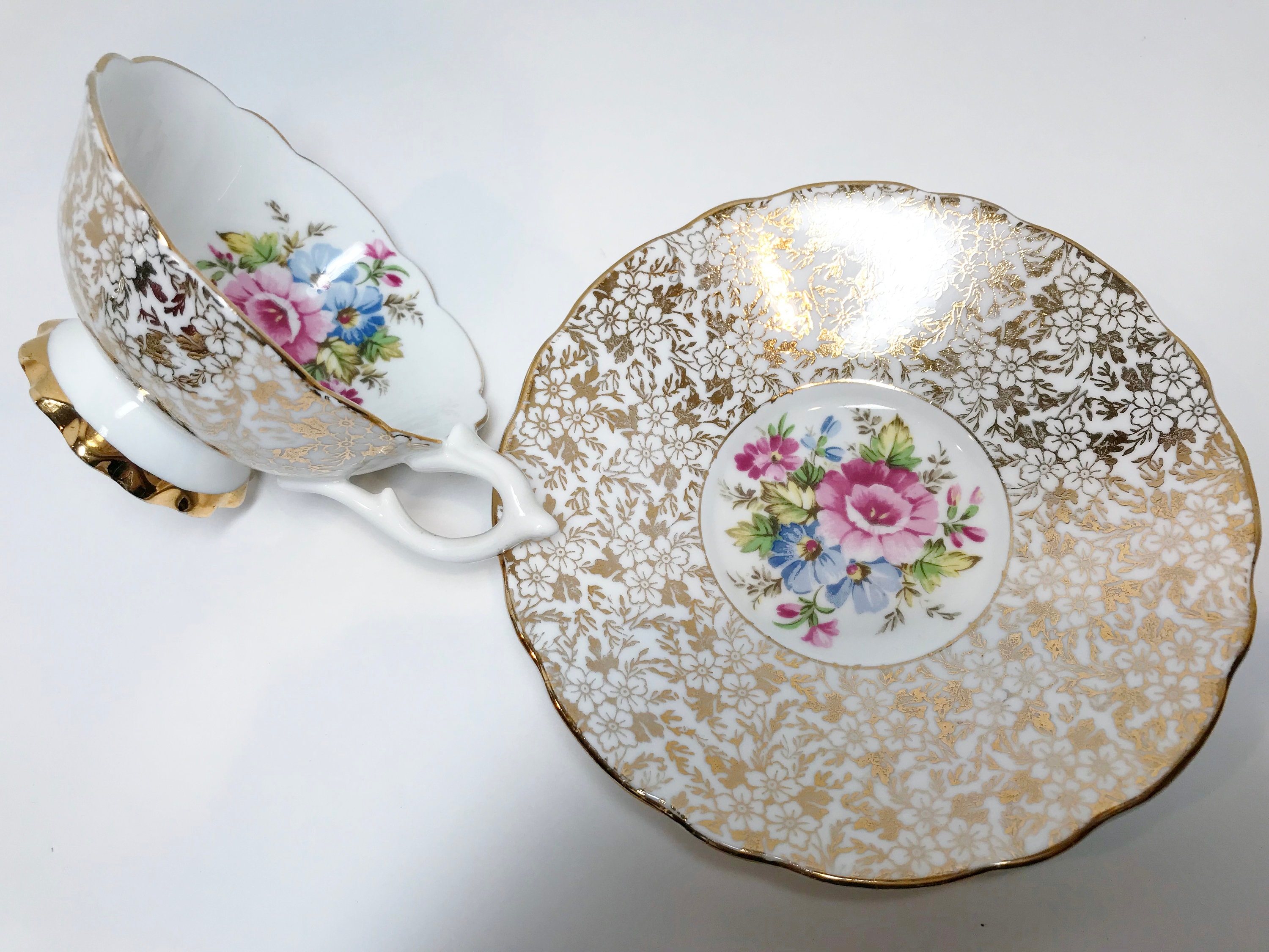 Gold Chintz Tea Cup and Saucer, English Bone China Cup, English Tea Cups, Chintz Cups, Antique