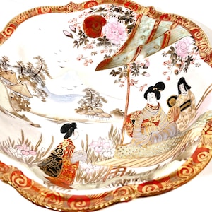 Hand Painted Kutani Bowl: Japanese Birds, Flowers, and Ladies