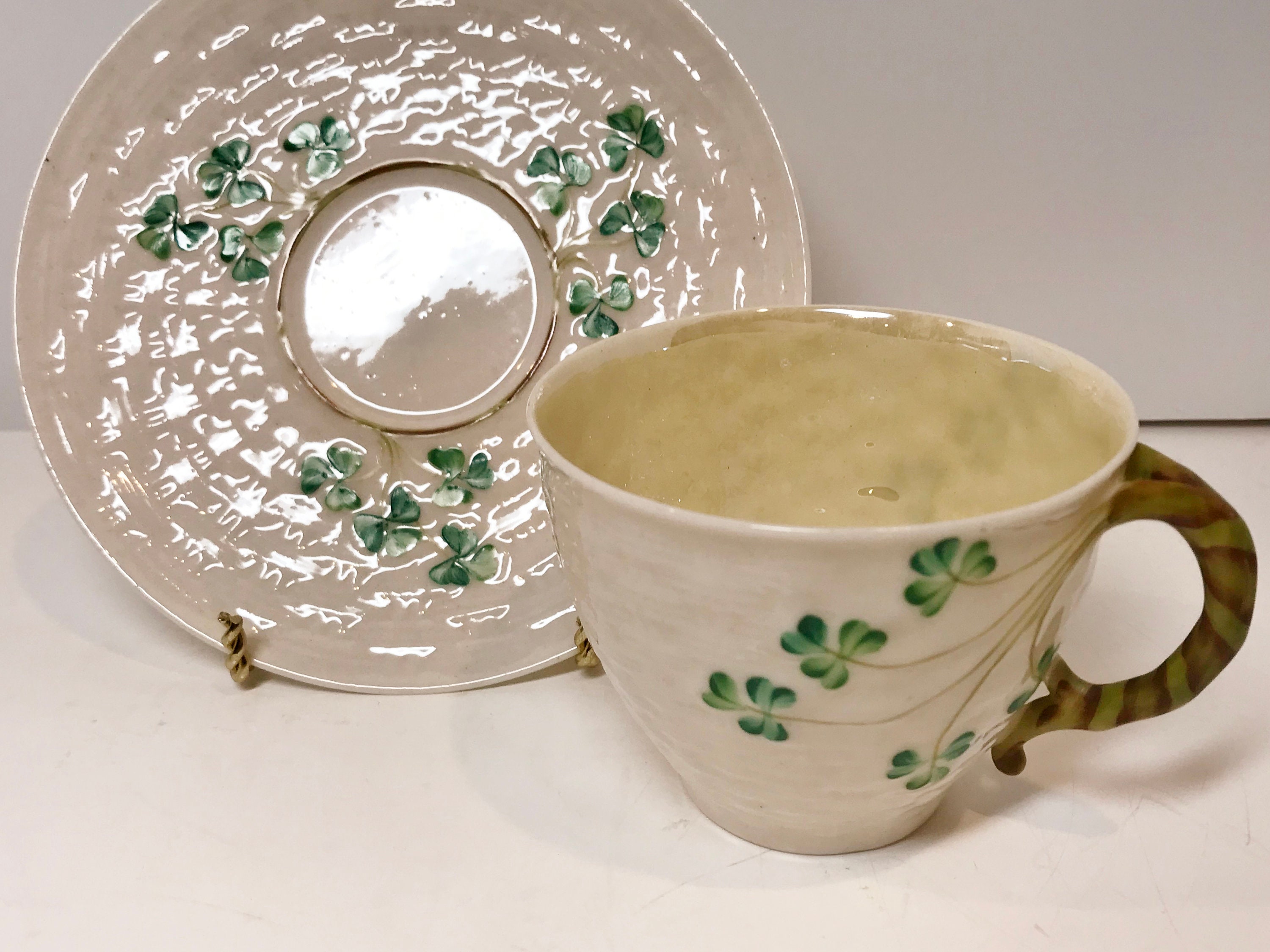 Shamrock Belleek Tea Cup and Saucer, Irish Tea Cup, Basket Weave
