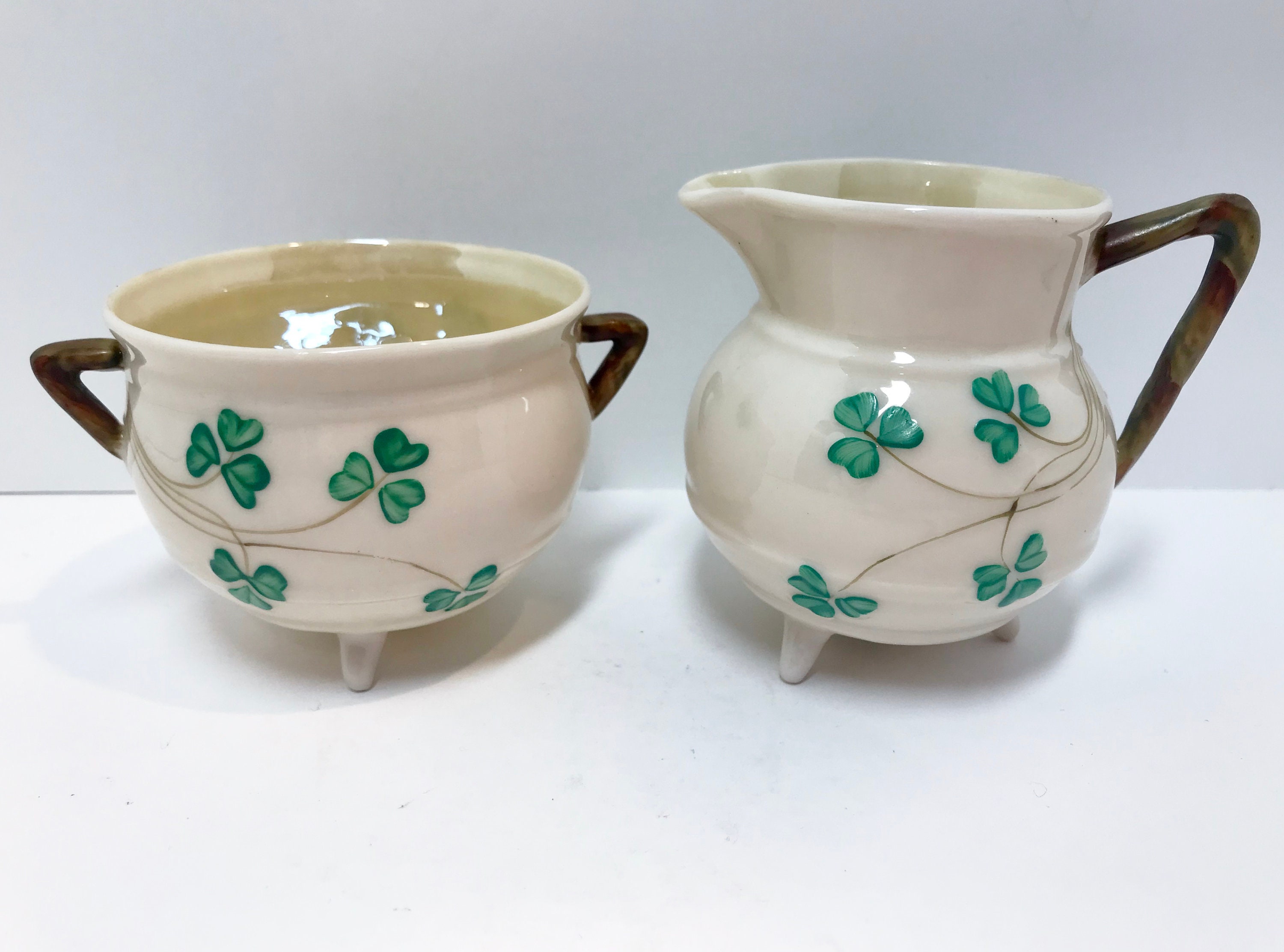 Black Mark Belleek Sugar Bowl and Creamer, Shamrock Ware Set, Made in Ireland, Belleek Cream and