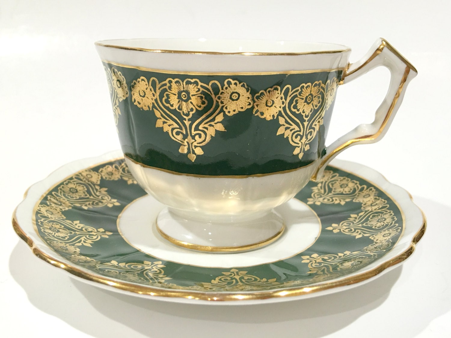 Aynsley Tea Cup and Saucer, Gold Green Cups, Tea Set, Antique Teacups