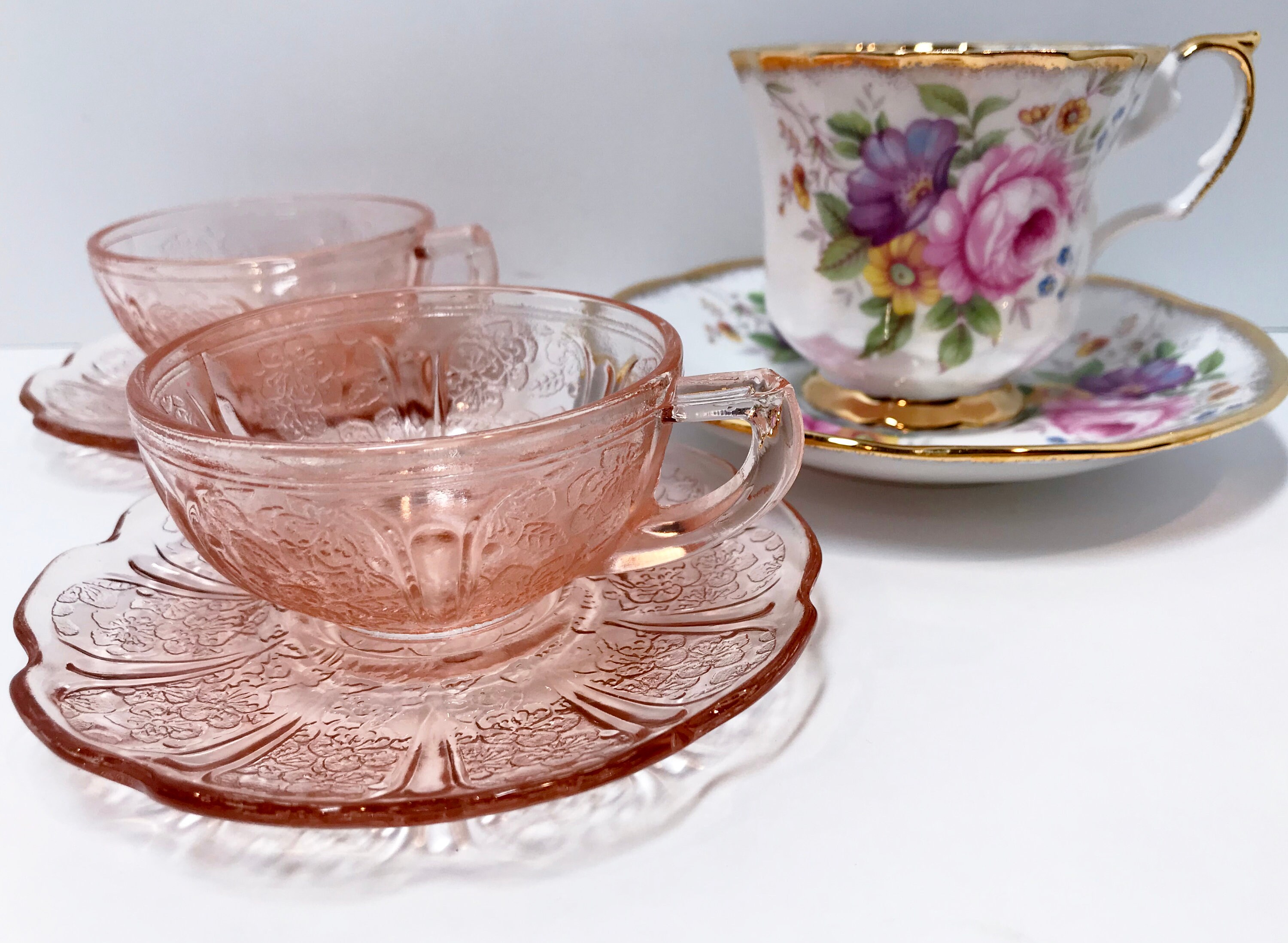 Pair of Childs Pink Cherry Blossom Teacups and Saucers, Pink Depression