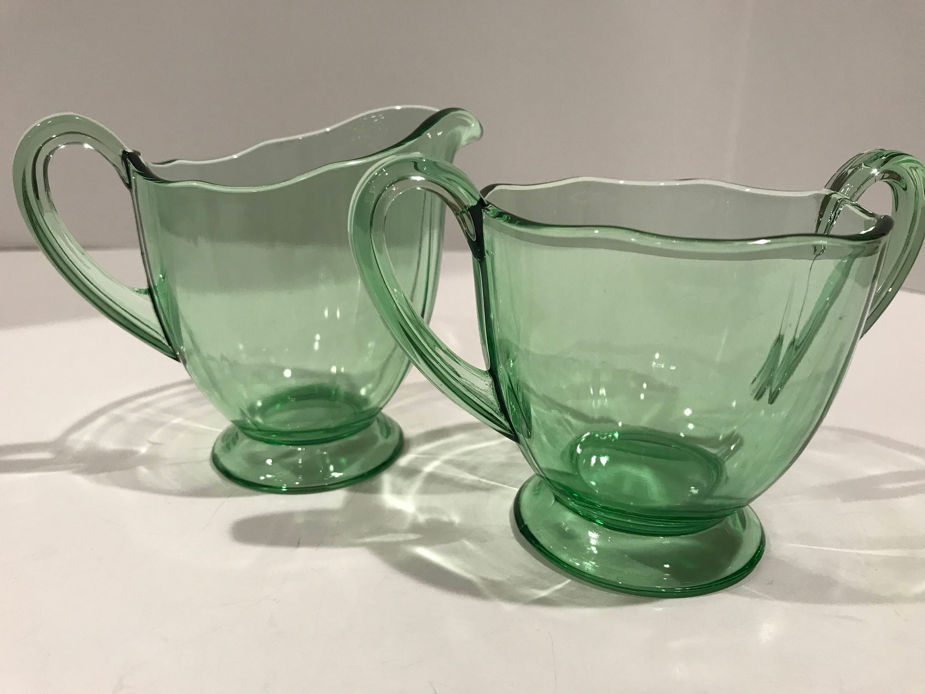 Fostoria Glass Creamer and Sugar Bowl, Green Fostoria, Green Depression