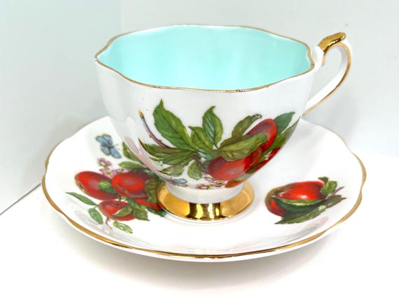 Queen Anne Teacup and Saucer, Butterfly and Apples Teacup, Hostess Gift, Housewarming Gift, Gift for Her, Gift for Friend