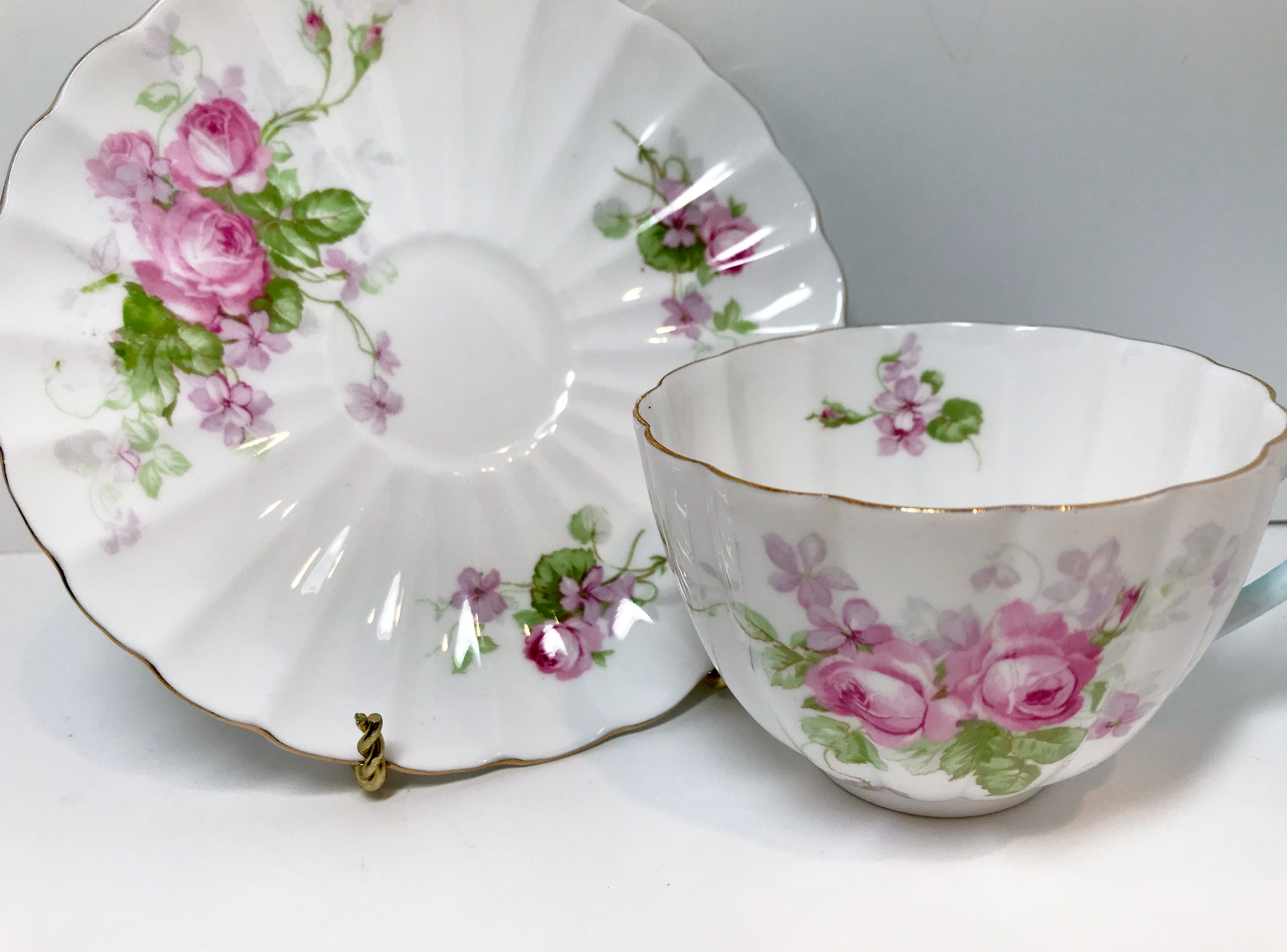 Floral Shelley Tea Cup and Saucer, Rose Teacup, Ludlow Shape, Antique