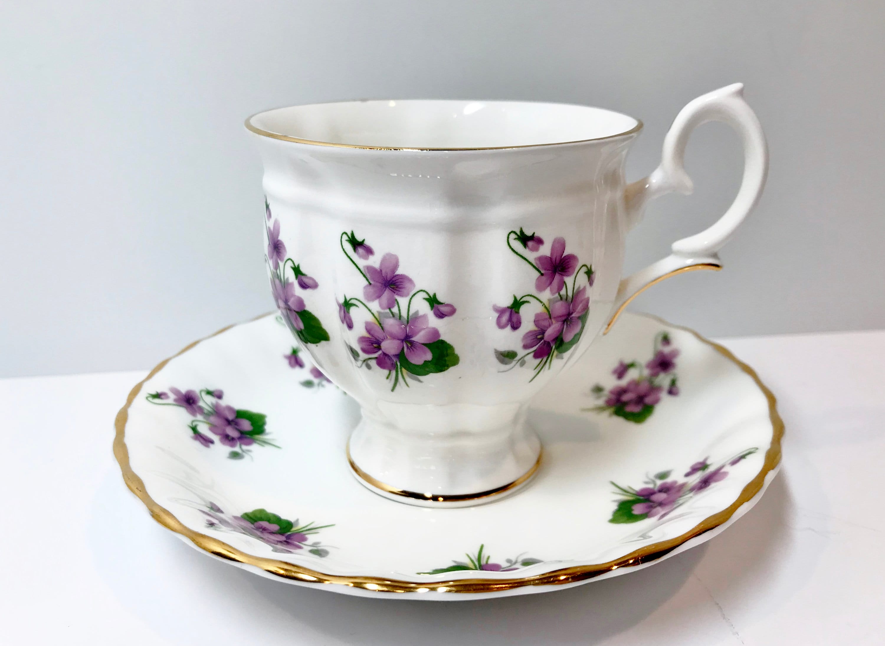Crown Staffordshire Tea Cup and Saucer, Violet Tea Cups, English Bone
