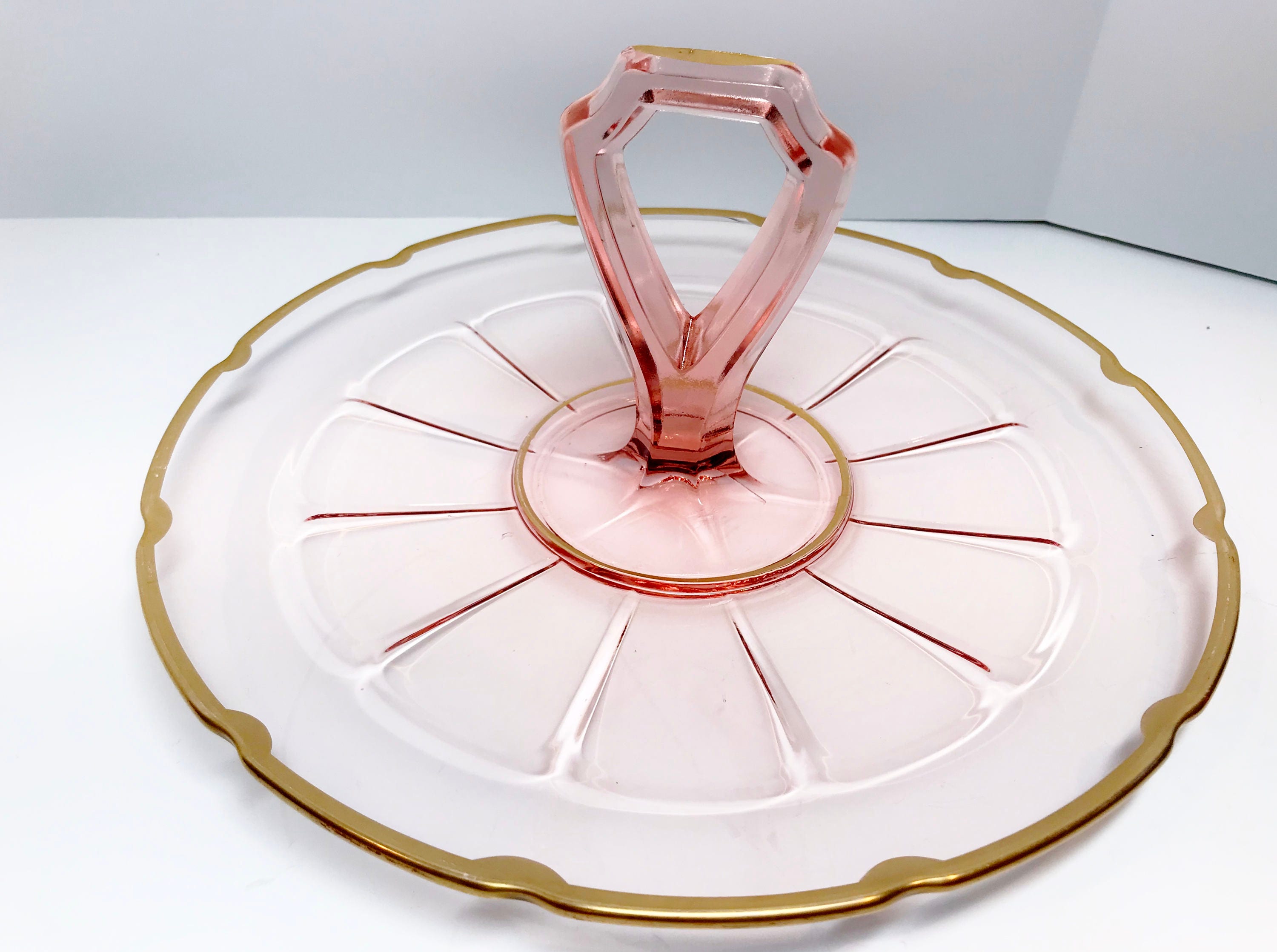 Pink Depression Glass Dessert Plate, Pink Gold Handled Tray, Pink