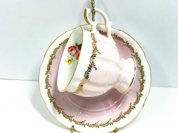 Crown Staffordshire Teacup and Saucer: Pink Floral with Gold Trim