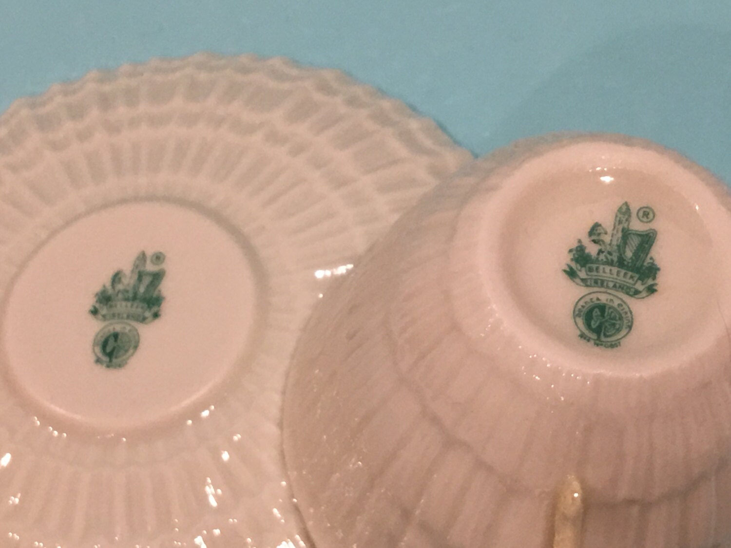 Belleek Sugar Bowl and Creamer, Green Mark Belleek Creamer, Made in