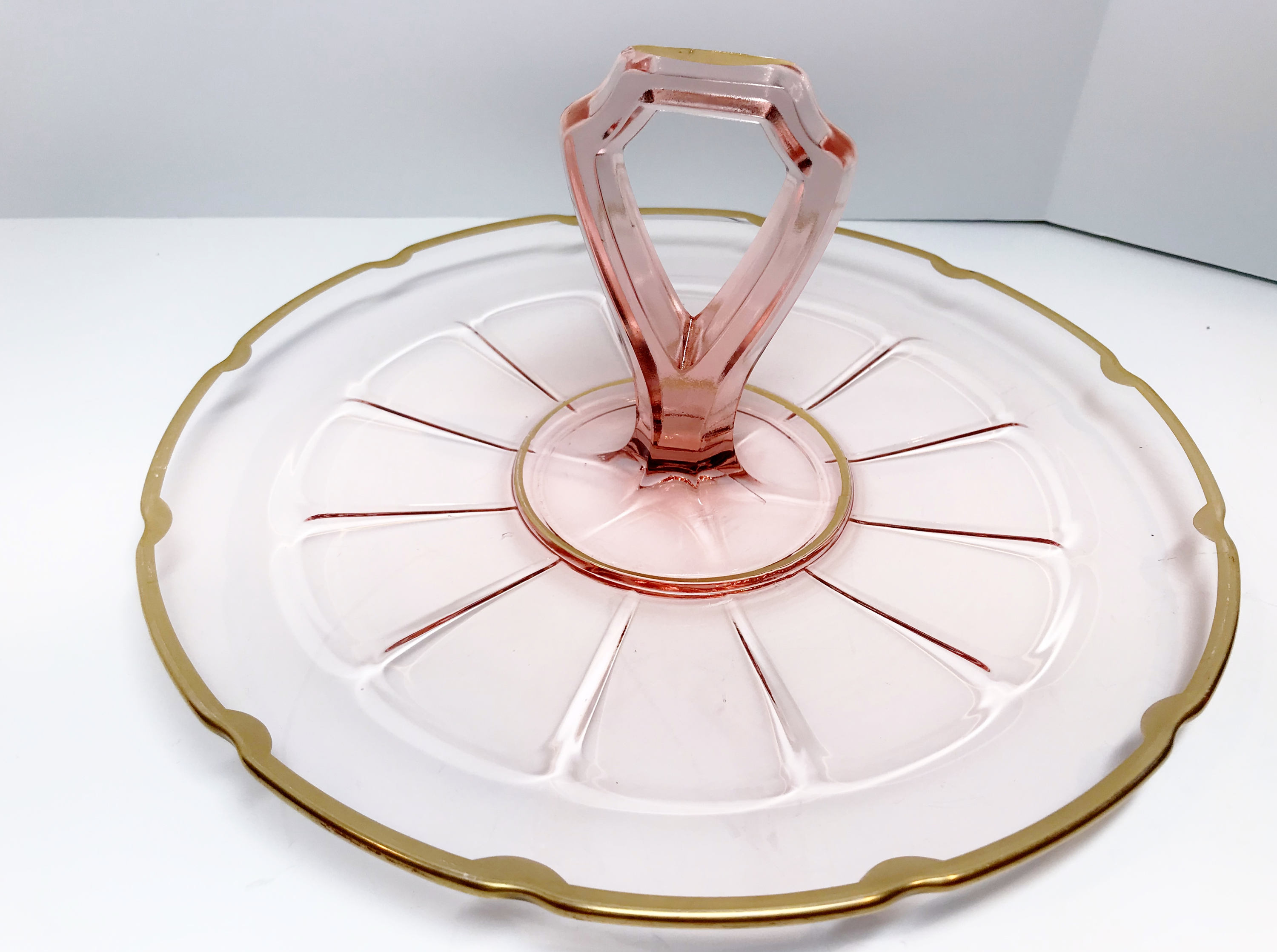 Pink Depression Glass Dessert Plate, Pink Gold Handled Tray, Pink