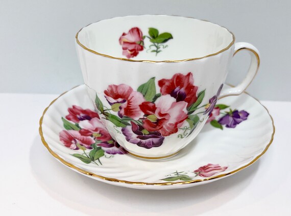 Royal Adderley Teacup and Saucer , Floral Tea Cup , Sweet Pea Tea Cup , English Bone China , April Birthday , Housewarming Gift for Her