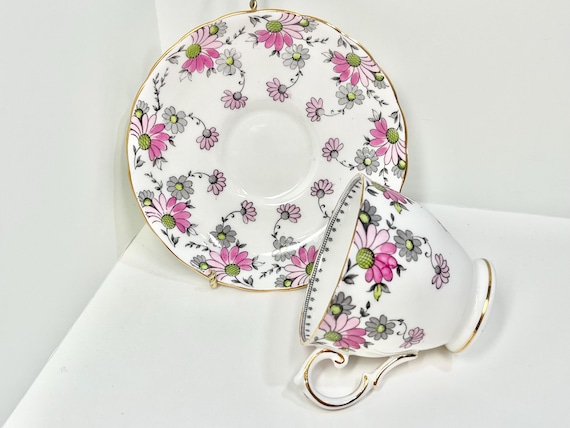 Tuscan Teacup and Saucer, Pink Daisy Teacup, Floral Teacup, Vintage Teacup, Gift for Her, Tea Party, Anniversary Gift, Hostess Gift