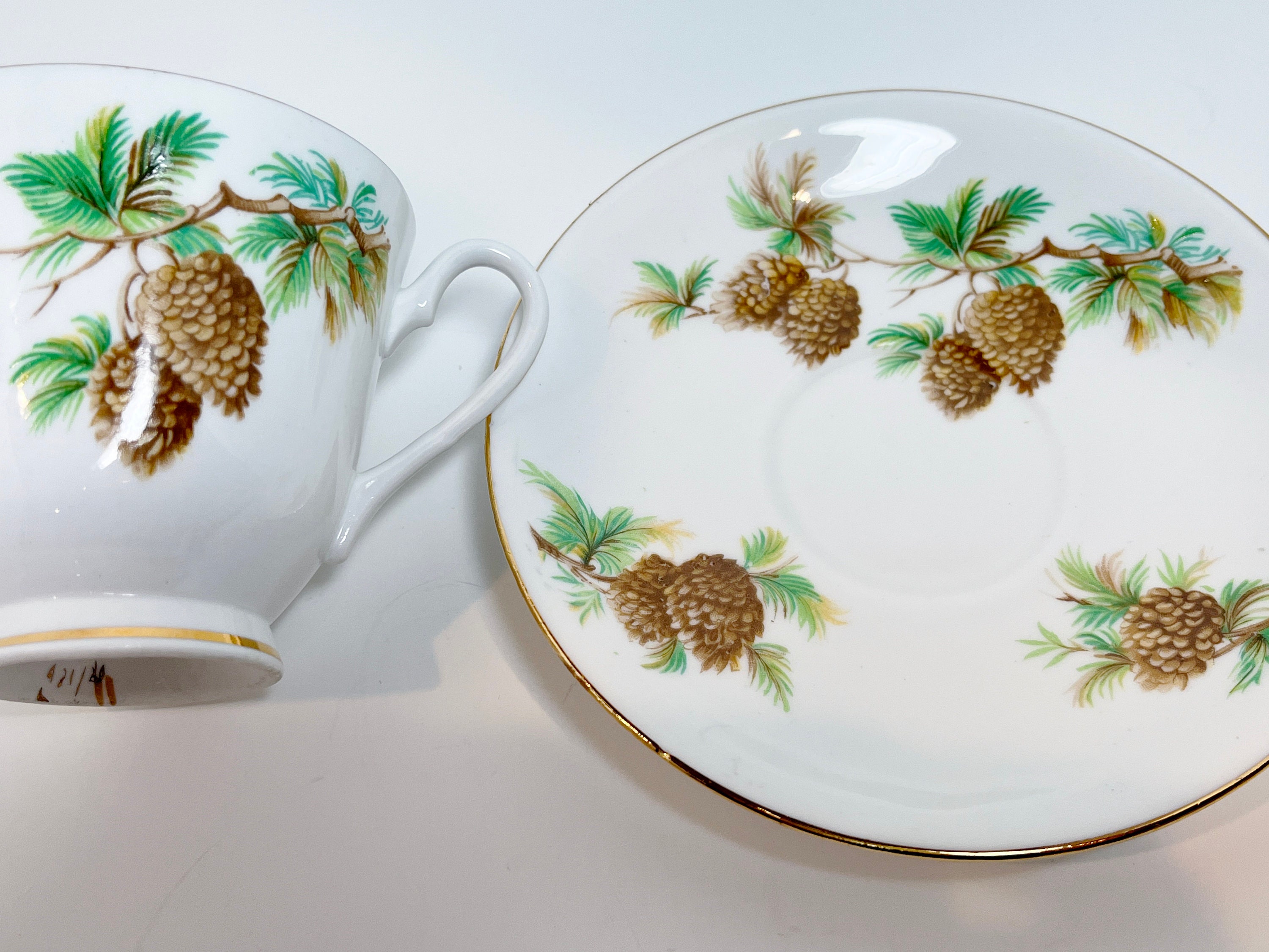 Clarence Teacup and Saucer, English Teacups, Pine Cone Cups, Bone China
