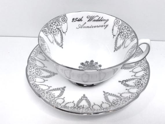 25th Anniversary Teacup, Royal Grafton Teacup and Saucer, Silver Anniversary Teacup, Twenty Five Year Anniversary Gift