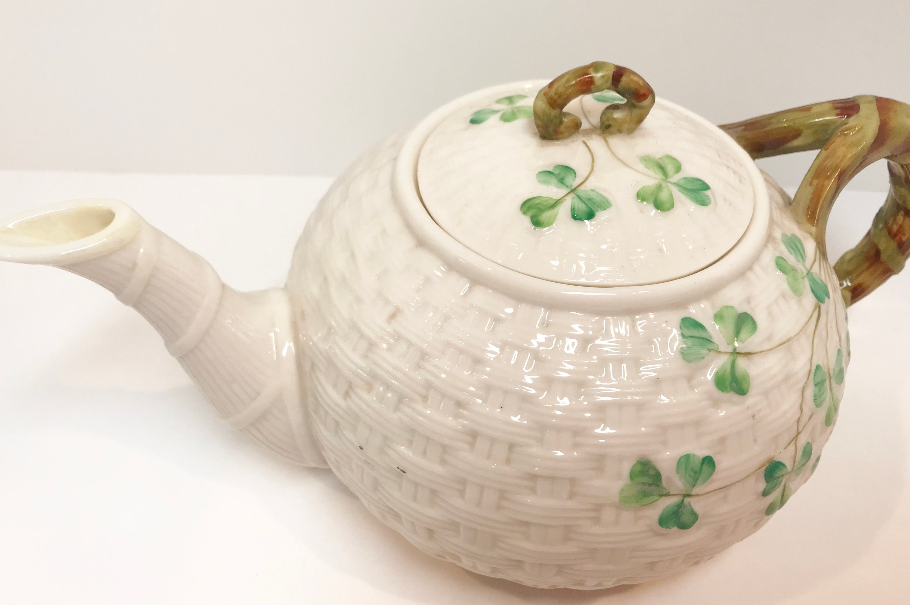 Large Shamrock Belleek Teapot, Shamrock Belleek, Black Mark Belleek