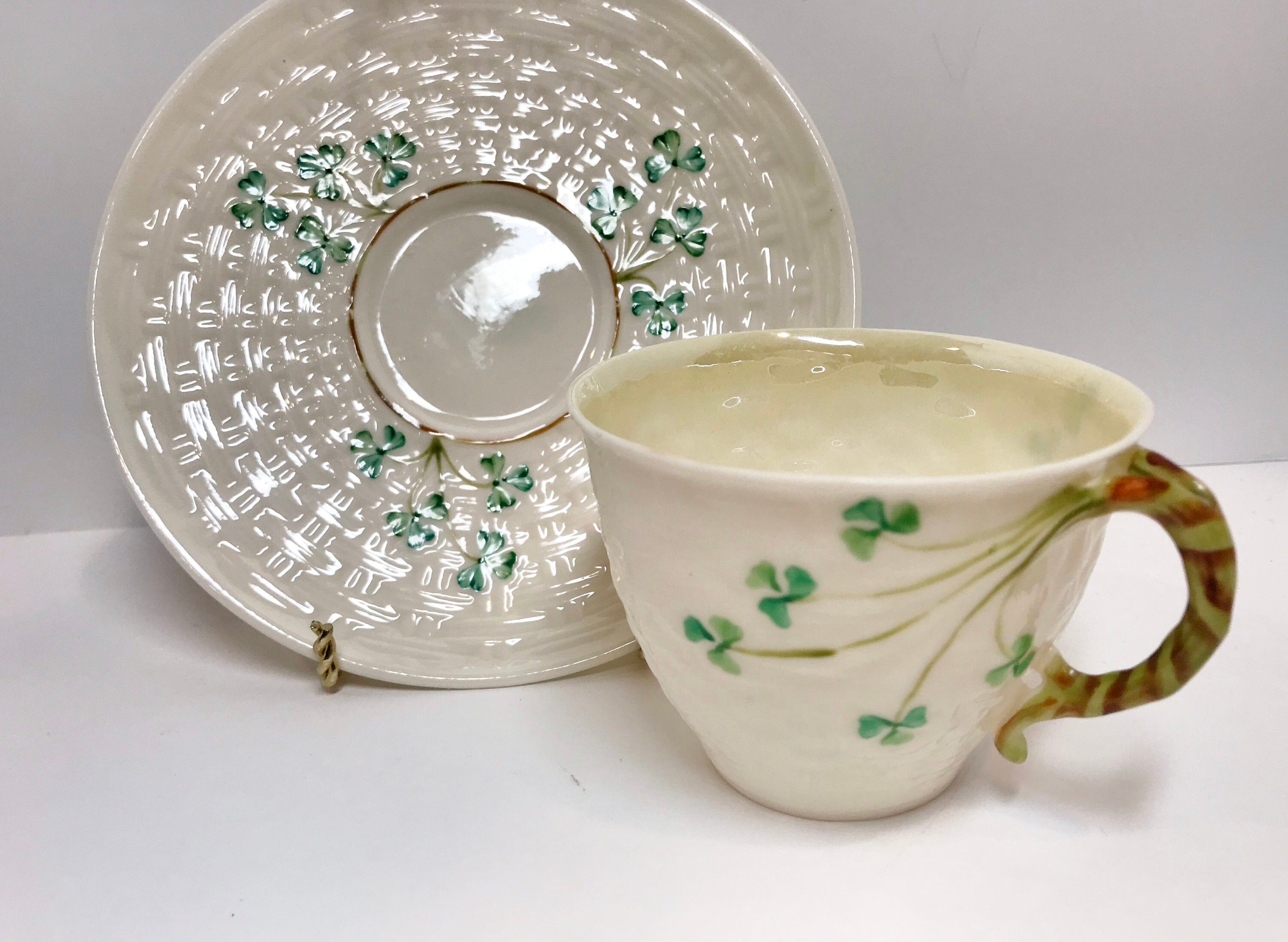 Shamrock Belleek Tea Cup and Saucer, Irish Tea Cup, Basket Weave