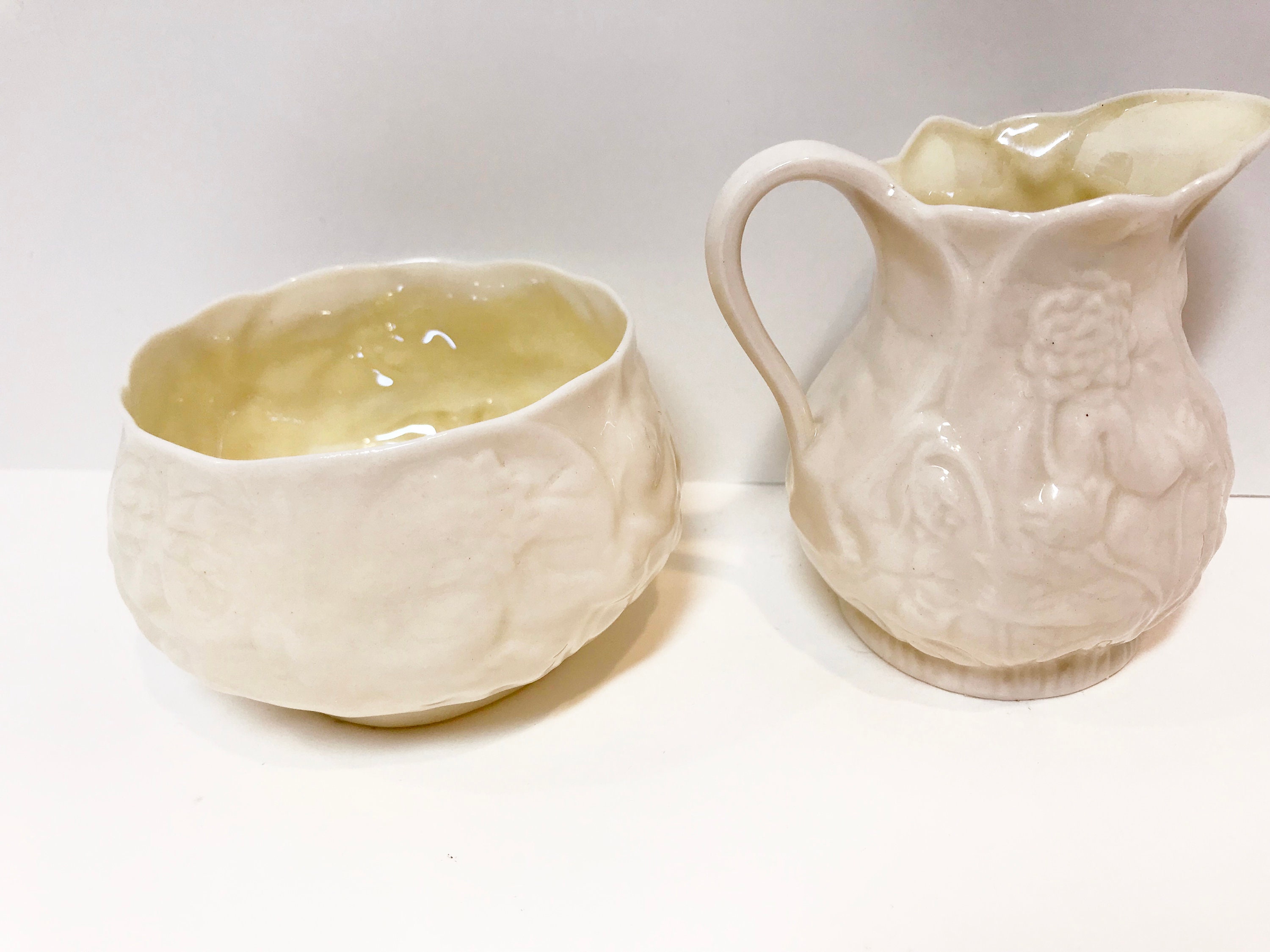 Iridescent Belleek Sugar Bowl and Creamer, Green Mark Belleek Creamer