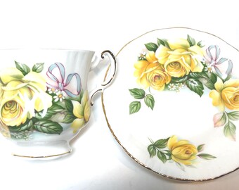 Royal Crest Teacup and Saucer, Ribbon Teacup, Yellow Rose Teacup, Floral Teacup, Gift for Her, Housewarming Gift, Anniversary Gift