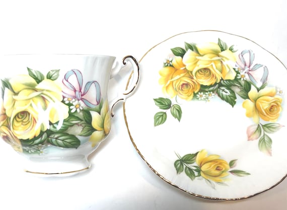 Royal Crest Teacup and Saucer, Ribbon Teacup, Yellow Rose Teacup, Floral Teacup, Gift for Her, Housewarming Gift, Anniversary Gift